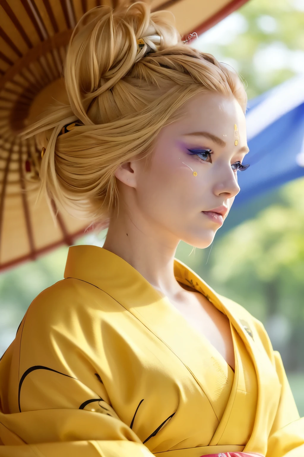 ((Face of Alexiathompson01R)). Beautiful. Perfect ((blond hair, hair in a bun, hair falling into one eye, emo bangs)), (blue eyes. Vibrant blue). Perfect skin, white skin. Fine nose, thin chin. ((yellow kimono, open kimono) (location: shogun, minka) (full body photo). (Geisha)