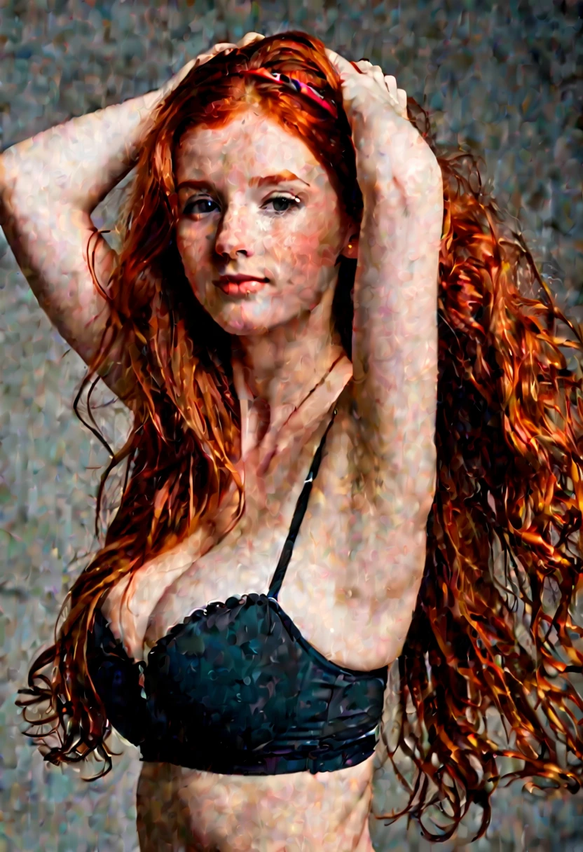 Cute 18 year old girl, redhead, solo, natural large breasts, solorful underwear , long wavy red hair, hairband , hand in hair, ((armpit)), full body view, ultra high quality photography,