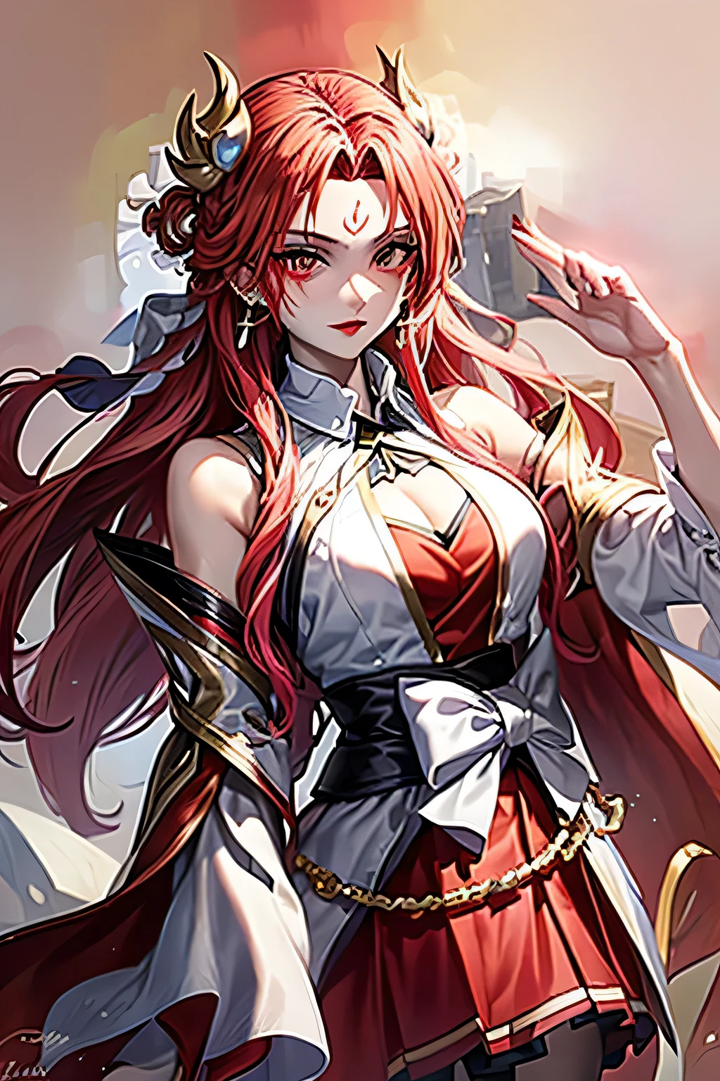 girl, young and beautiful, Tall and beautiful, fair face, Perfect features, Tall and beautiful, White skin, Good shape, heroic, heroic, Wearing Chinese armor, Female general, Chinese landscape background, Standing on the top of the mountain, 500 years ago, starry night, Practical, detailed, 8K, Mix 4,   Red_skirt,Starry Sky, fire, Red hair, Solitary, Hair accessories, long hair, Red eyes, Jewelry, earrings, skirt, Bare shoulders, Red lips, Upper Body, White background, Facial Tagging, new moon, lipstick, Forehead Mark, looking at the audience