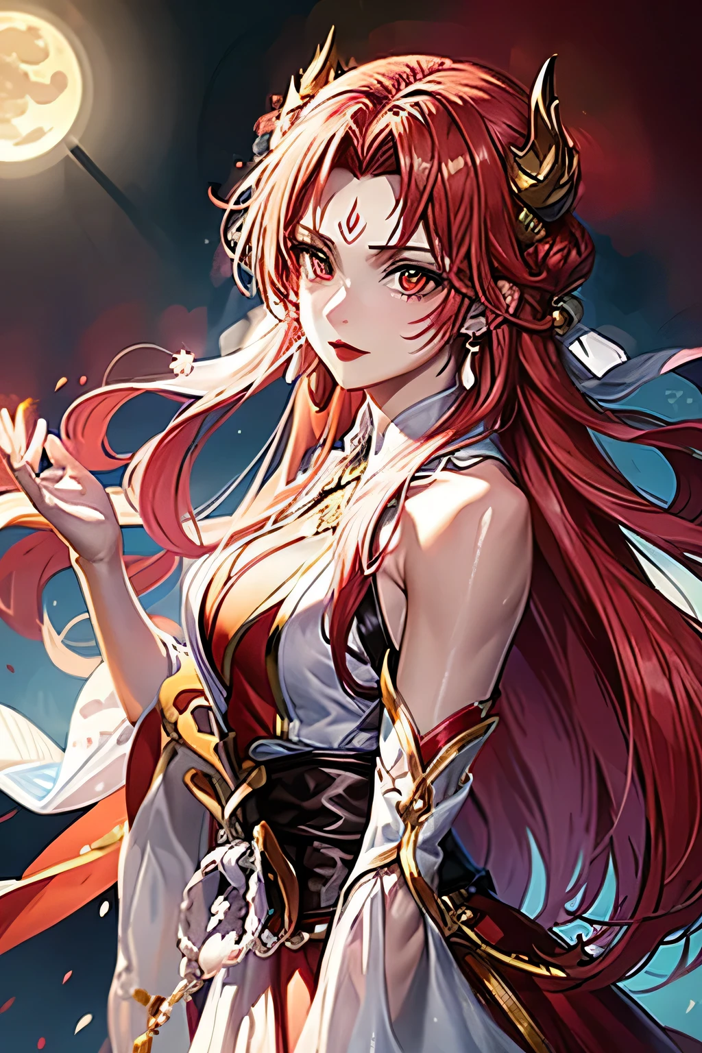 girl, young and beautiful, Tall and beautiful, fair face, Perfect features, Tall and beautiful, White skin, Good shape, heroic, heroic, Wearing Chinese armor, Female general, Chinese landscape background, Standing on the top of the mountain, 500 years ago, starry night, Practical, detailed, 8K, Mix 4,   Red_skirt,Starry Sky, fire, Red hair, Solitary, Hair accessories, long hair, Red eyes, Jewelry, earrings, skirt, Bare shoulders, Red lips, Upper Body, White background, Facial Tagging, new moon, lipstick, Forehead Mark, looking at the audience