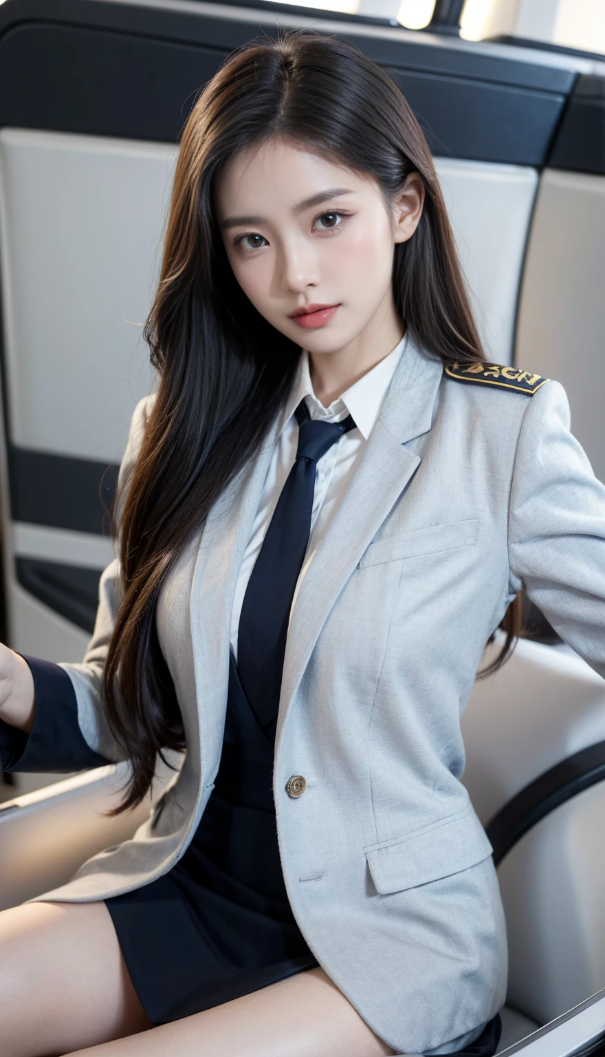 Highest quality, masterpiece, 8K, Ultra-high resolution, (Realistic: 1.4), 1 Girl, Beautiful Face, Symmetrical eyes, big, Perfect Body Proportions, Stewardess Uniform, Viewer Perspective, (On the plane: 1.2), Front view, Shoulder jumps, Absolute area (1.3),