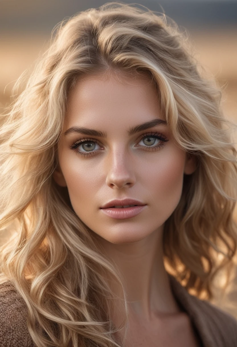 Photo portrait à 4 faces d'une belle femme caucasienne de 25 ans, (cheveux blonds ondulés extra longs soufflés dans le vent), dehors, award-winning photography, masterpiece, 8k, ultra haute résolution, super detailed, visage parfait et impeccable, Rule of thirds, Yeux et pupilles parfaits et réalistes, lèvres charnues parfaites, snub nose, highly detailed shiny hair, ((detailed face finely detailed skin), Tanned skin, pores de la peau, skin imperfections, texture de peau réaliste, Intricate details, photorealism, Hyperréalisme, ultra realistic, realistic textures, Couleurs neutres, studio lighting, Cinematic lighting, soft volumetric light on the face, backlight on hair, Sharpness, Grand angle, Grains de films, DSLR, Photo brute,