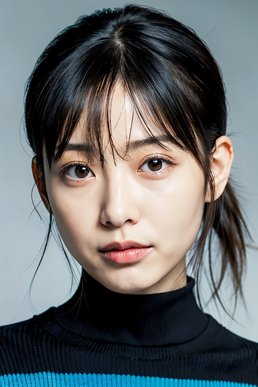 a close up of a woman with a ponytail in a striped sweater, kimi takemura, shiori teshirogi, yasumoto oka, chiho, narumi kakinouchi, harumi, kotegawa yui, sui ishida with black hair, yukii morita, ayaka, hana yata, sui ishida