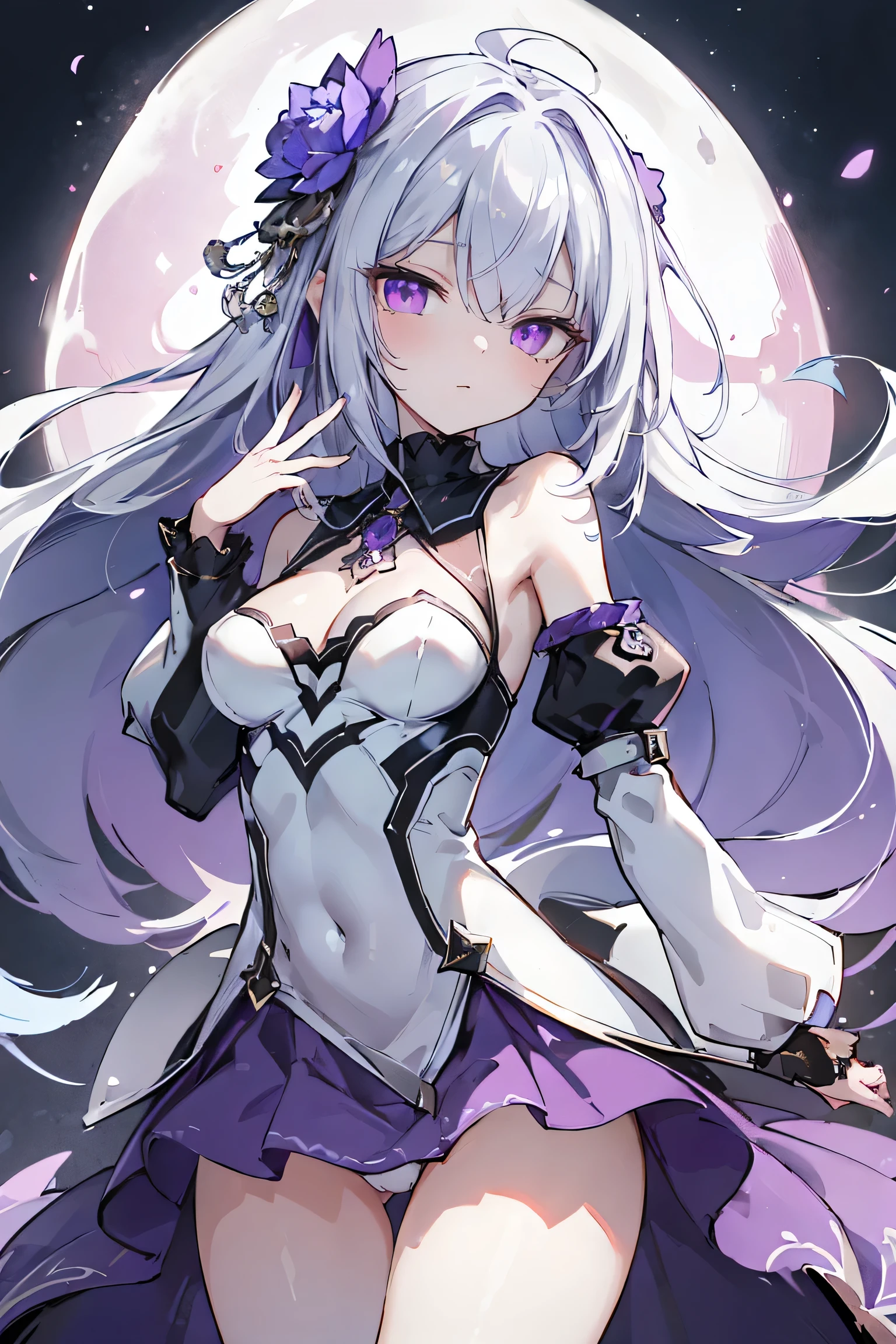 1girl, anime, cute girl, blank background, white background, fantasy, detailed fantasy dress with highlights, beautiful face, beautiful eyes, dark colors, black hair with multicolor streaks, red eye with different color pupil in eye, multicolor eye, medium breasts, slight cleavage, beautiful skin, cute, breast curtains, extremely delicate and beautiful, (beautiful detailed face:1.0), (detailed deep eyes), symmetrical breasts, deep eyes, shiny skin, portrait, slender waist, hips wider than shoulders, thighs, expressionless, young girl, luminous eyes, adorable，（Kpop idol）,（aegyo sal：1），（Platinum blonde hair：1），（（puffy eye）），Black panty，sexy posture，Superskirt, Ultra-high resolution，Black collar，slim figure, Abdominal y tattoo, womb tattoo，Tight-fitting leg ring，y tattoo on half-body，Bare skin, Armored hand，Hidden fingertips，Hand covered，Arm covered，Fist covered,{{beautiful detailed fingers}}, tufts of hair, moderate beautiful breast:1.0,(masterpiece:1.2), best quality, high-res, HDR, perfect face, intricate armor, delicate blue filigree, intricate filigree, red metalic parts, detailed part, dynamic pose, dynamic lights, cute face, neutral expression, shuimobysim, lotus, hanfu, maxi skirt, dress conservatively 1girl, solo, long blue hair, standing, One lady,years,((White hair) ,((Normal breasts)), (Shiny purple bodysuit with microskirt),((Fantasy, Moon Night)),High definition RAW color art, Animation,sculptures, Silver Marble Skin, (((Ultra detailed elegant))), Magical atmosphere, Detailed skin, Texture,(Intricately detailed, Fine detail, ultra-detail art), depth of field, Bokeh, Silky Touch, Hyper Detail, Matte Drawing, sparkle background, (purple neon), beautiful eyes, elegant face, 