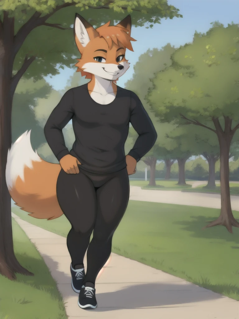 Furry, fox, smile, black leggings, white shirt, jogging, solo, park