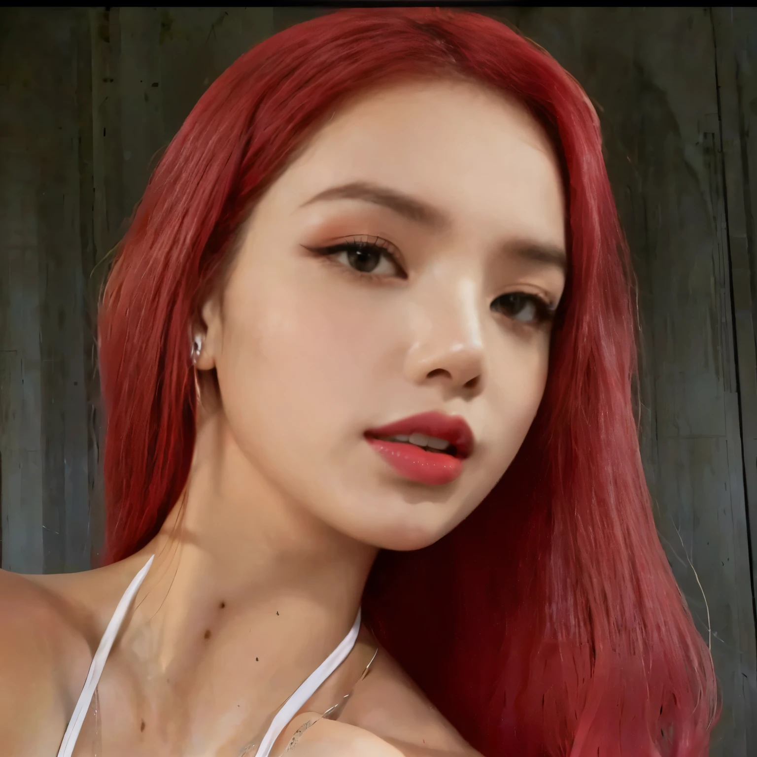 a close up of a woman with red hair and a white top, face like ester exposito, looks like a mix of grimes, resembling a mix of grimes, red glowing skin, looks a blend of grimes, she looks like a mix of grimes, soft devil queen madison beer, red dyed hair, red glowing hair, smooth red skin, red wig