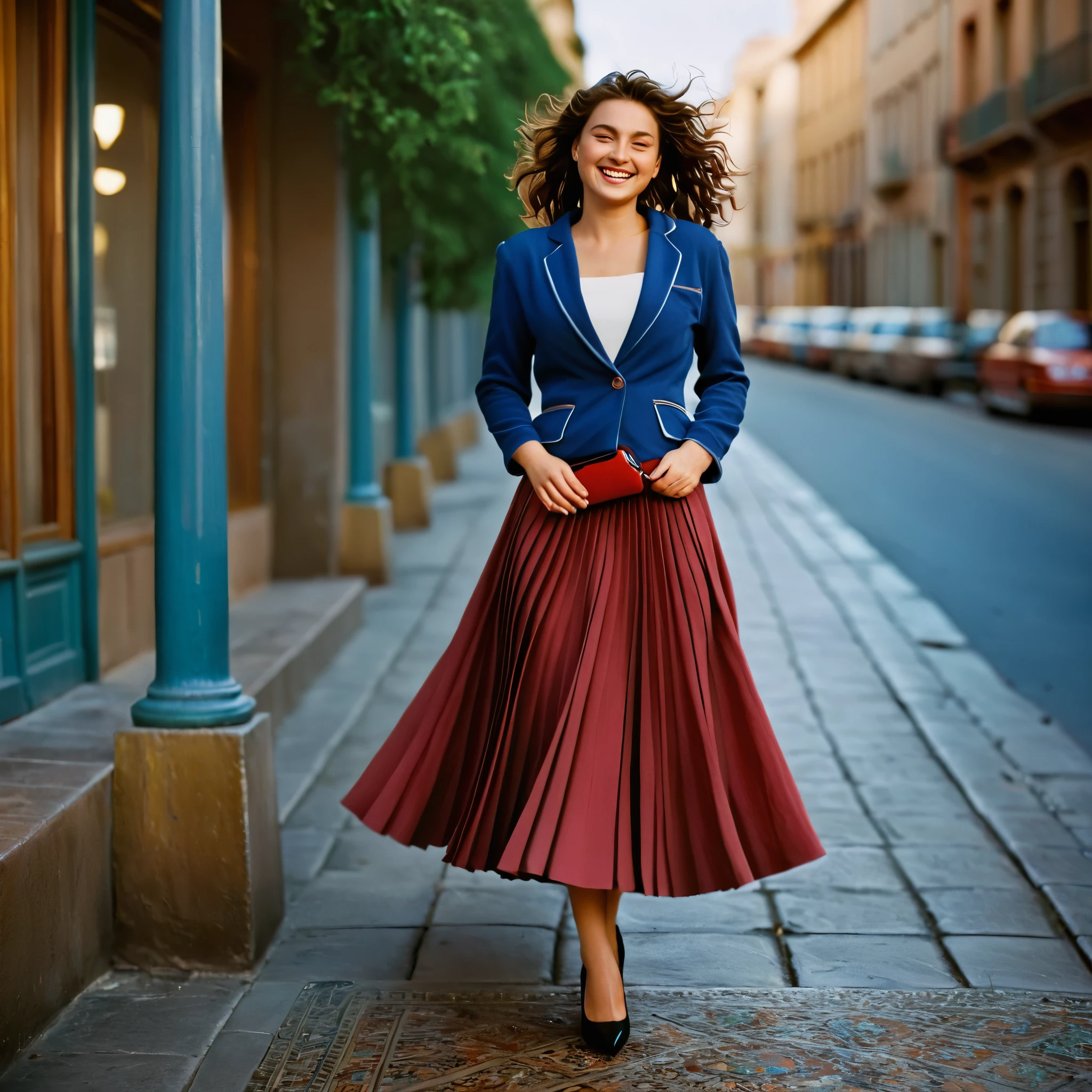 A smiling, authentic, (shy:1,3), kind, beautiful woman, is passionately in love with her skirt, wind wildly flowing her skirt, wearing short blazer and (long (fully pleated) full circle skirt) and (low heeled court shoes), very, very intricate hyper-detailed symmetric (attractive graceful young feminine face) with (sad, tired eyes and a loving smile), very voluptuous breasts, full of empathy and compassion and love, (pronounced (feminine) features), (highly detailed ultra accurate realistic) hands and fingers, (windy), epic composition, highly detailed attributes, (35mm f1.4 Kodak portra 400 photograph), extremely high quality RAW photograph, highly detailed atmosphere, sci-fi, cinematic shot, dynamic lighting, 75mm, Technicolor, Panavision, cinemascope, sharp focus, fine details, 8k, HDR, realism, realistic, key visual, film still, superb cinematic color grading, depth of field