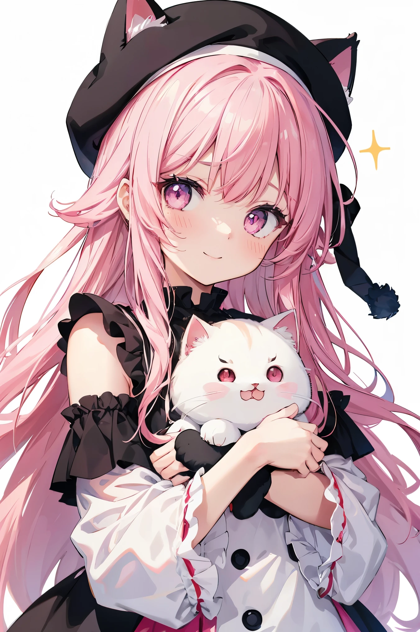 girl、White Background、No background、Long Hair、Long Hair、Pink Hair、Sparkling eyes、Red beret、Cat ear、Pink Eyes、Drooping eyes、Droopy eyebrows、one piece、Off-the-shoulder white, black and pink one piece、Frills、cute、Cute blush、Fair skin、smile、High saturation、Rich in color、Clear illustration、anime、Line art、No background、Red Beret、Cat ear