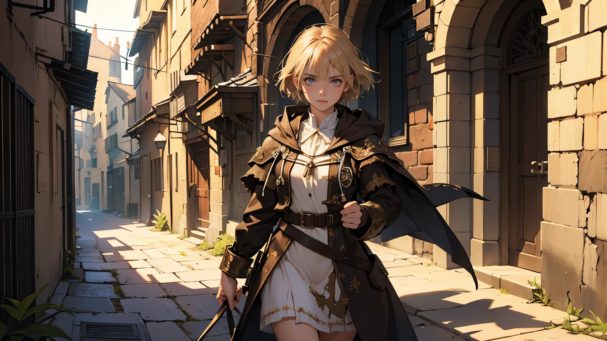 masterpiece, ultra detailed, 8K Portrait, Raw photo, a portrait photo of girl, Highly detailed face, beautiful and meticulous eyes, ((Fantasy)), , young girl, little, darde short hair, brown eyes, Kind face, skinny, (dirty and tattered clothes), dirty and tattered hooded long white coat Fluttering in the wind, ((bare foots)), Midday Sun, Hyper realistic, in a medieval back alley, with golden  bear, Ambient lighting, Shadow details , strong breeze, Light fog