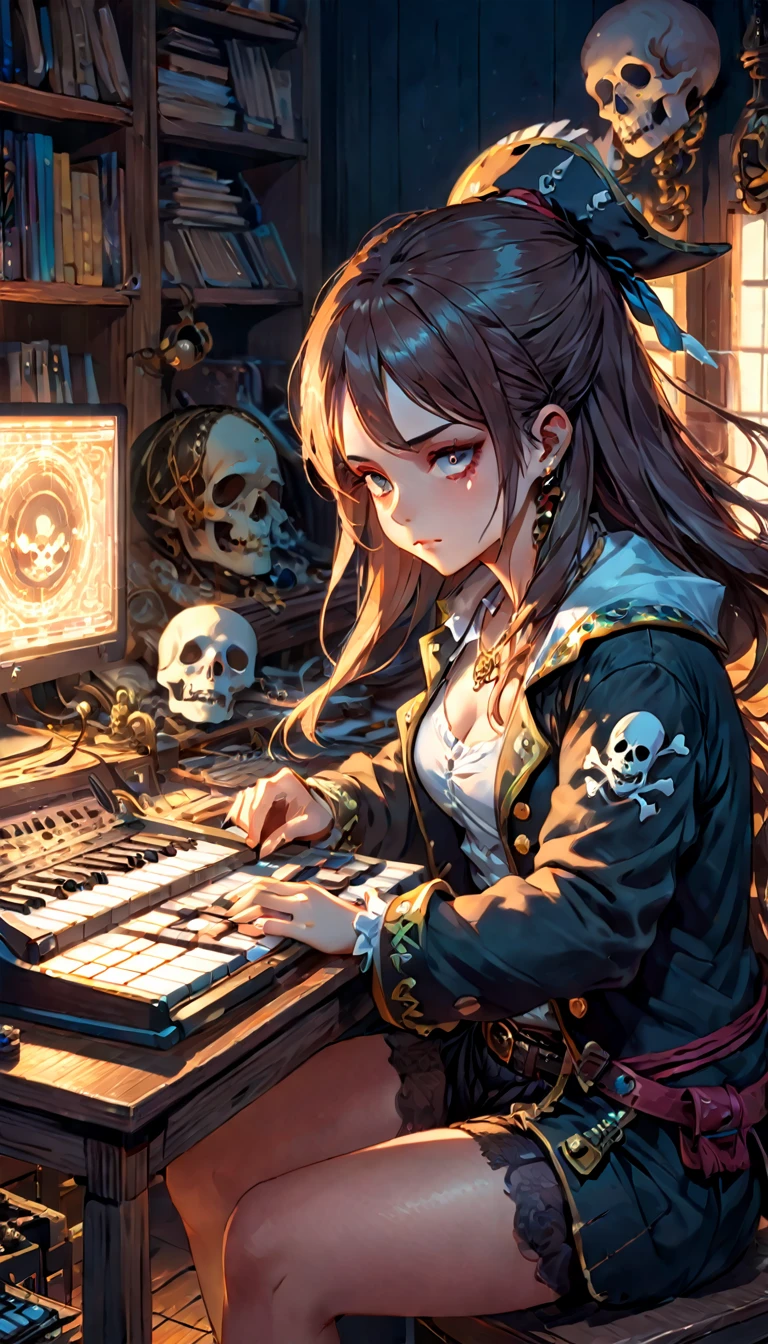 a girl pirate sitting at a desk, ostensibly working on a electronic music instrument, with multiple copies of him working on different tasks, a ghostly figure of the same person appears slightly faded Representative, Rich in details High quality, glamorous, 8k, super detail, light and shadow, detailed, detailed lines, color, fantasy style, anime style,