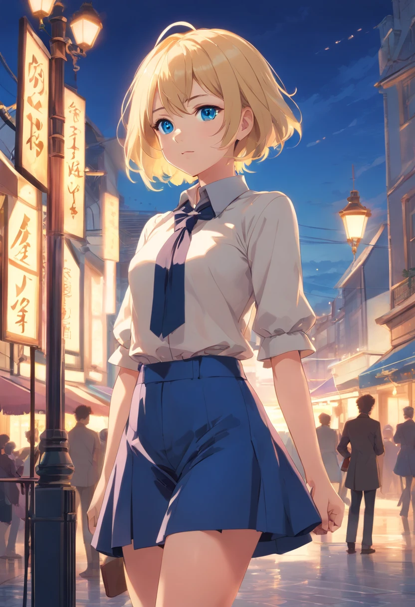 17 years old Women, ((Blonde)), ((Blue eyes)), ((Short hair)), ((Full shot)), dressed like a 19th century dandy, standing posing full body