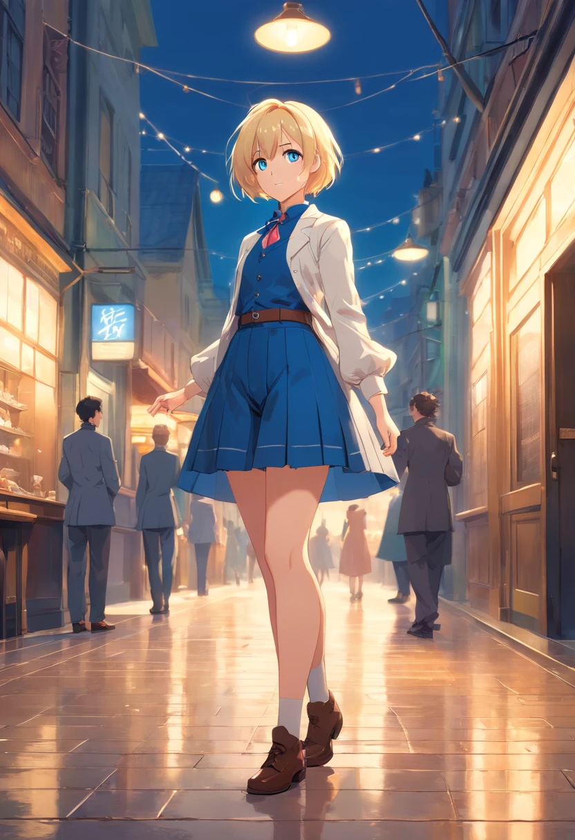 17 years old Women, ((Blonde)), ((Blue eyes)), ((Short hair)), ((Full shot)), dressed like a 19th century dandy, standing posing full body