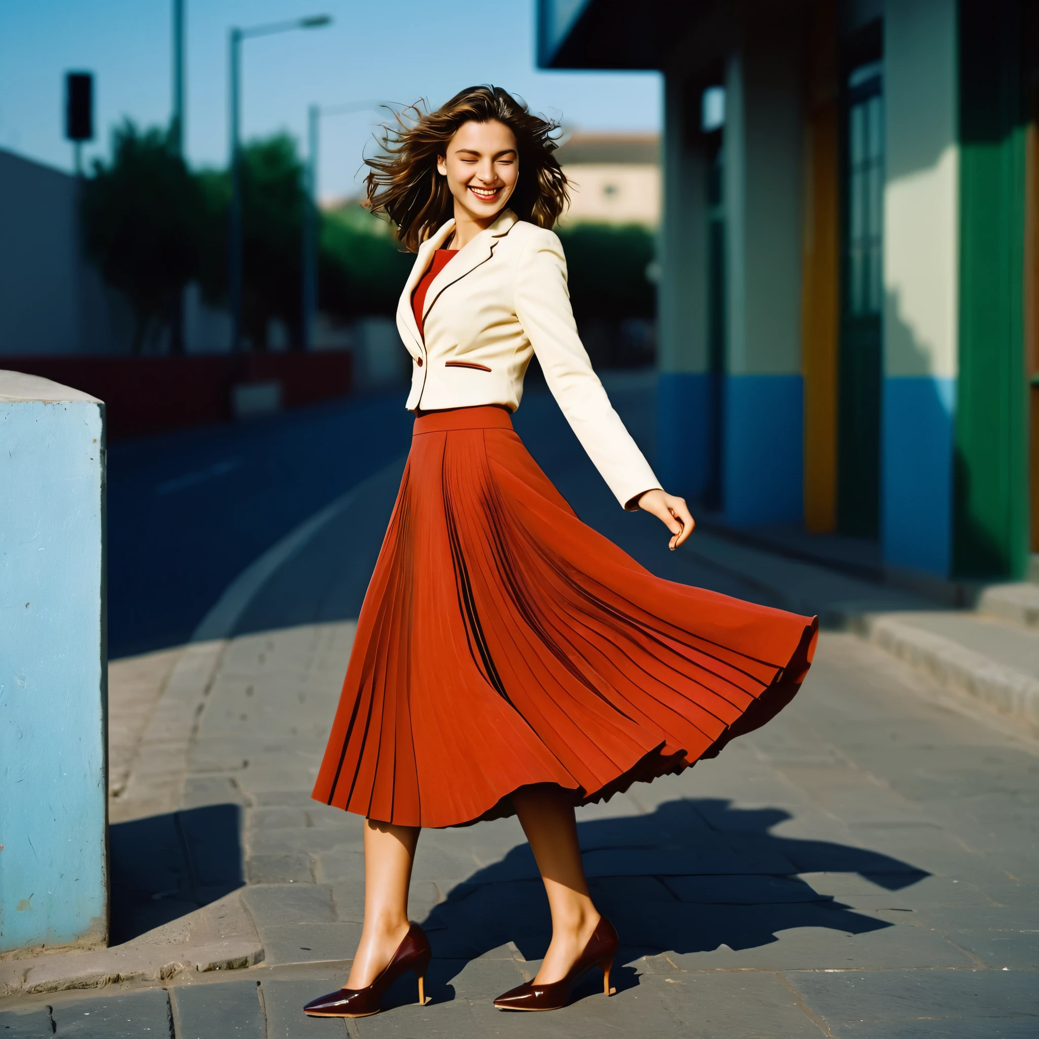 A smiling, authentic, (shy:1,3), kind, beautiful woman, is passionately in love with her skirt, wind wildly flowing her skirt, wearing short blazer and (long (fully pleated) full circle skirt) and (low heeled court shoes), very, very intricate hyper-detailed symmetric (attractive graceful young feminine face) with (sad, tired eyes and a loving smile), very voluptuous breasts, full of empathy and compassion and love, (pronounced (feminine) features), (highly detailed ultra accurate realistic) hands and fingers, (windy), epic composition, highly detailed attributes, (35mm f1.4 Kodak portra 400 photograph), extremely high quality RAW photograph, highly detailed atmosphere, sci-fi, cinematic shot, dynamic lighting, 75mm, Technicolor, Panavision, cinemascope, sharp focus, fine details, 8k, HDR, realism, realistic, key visual, film still, superb cinematic color grading, depth of field