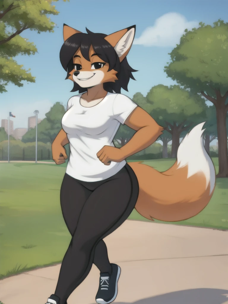 Furry, fox, smile, black leggings, white shirt, jogging, solo, park