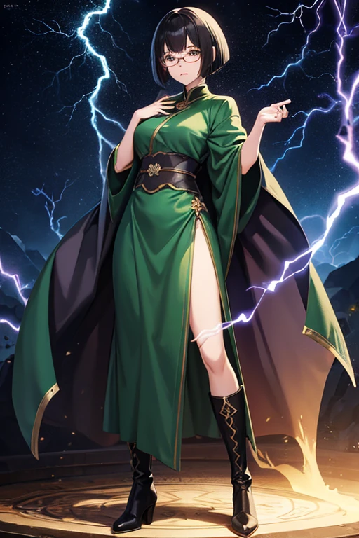 Anime drawings、Full body portrait、Fantasy world characters、A female wizard, around 155cm tall and around 23 years old, wearing a dark green robe and a long skirt, emitting lightning.、Curly black hair in a bob cut、The eyes are covered by the bangs、Crying face、Glasses、gloves、boots