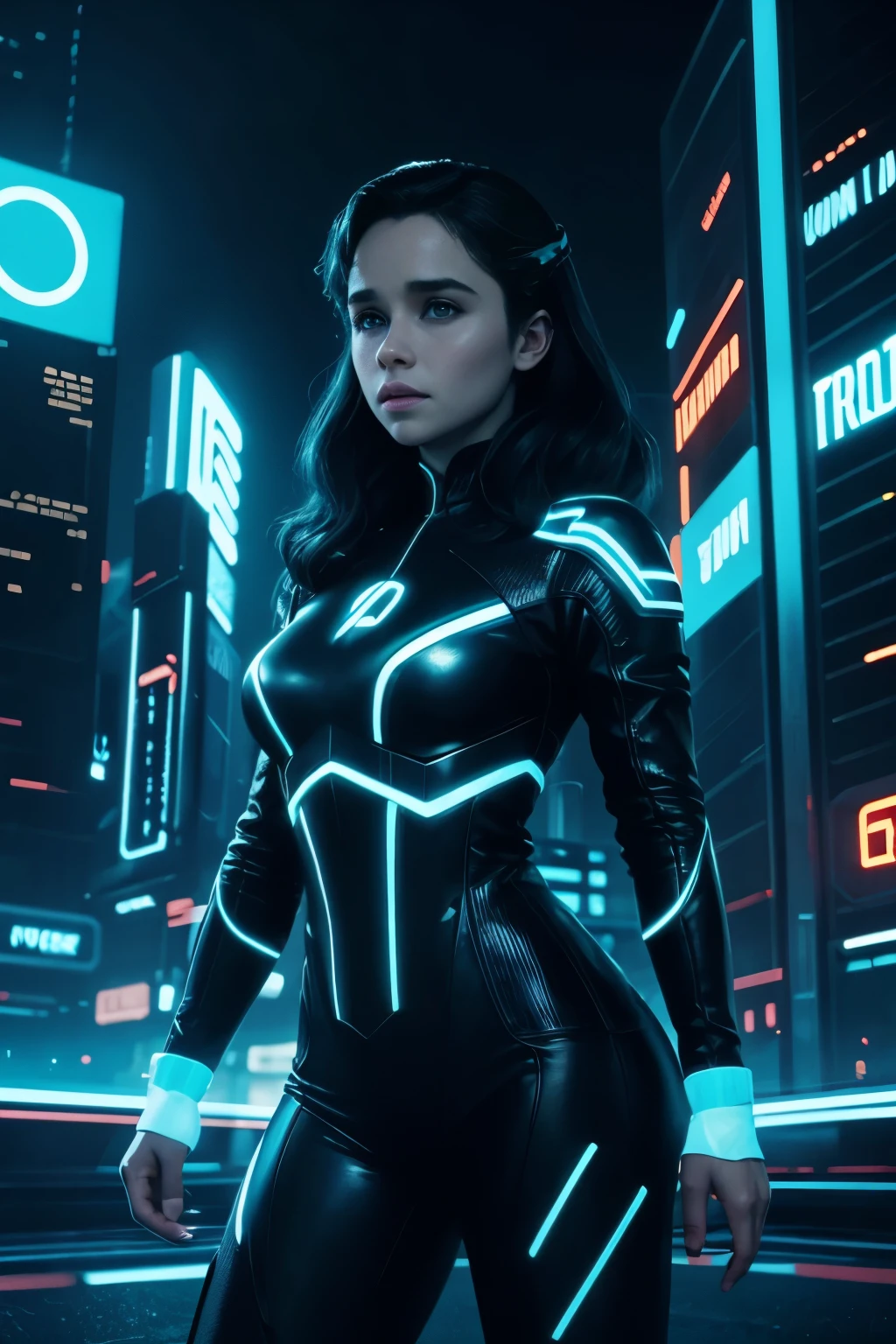 TRON: Legacy, neon, digital city, 80s, retro, Emilia Clarke