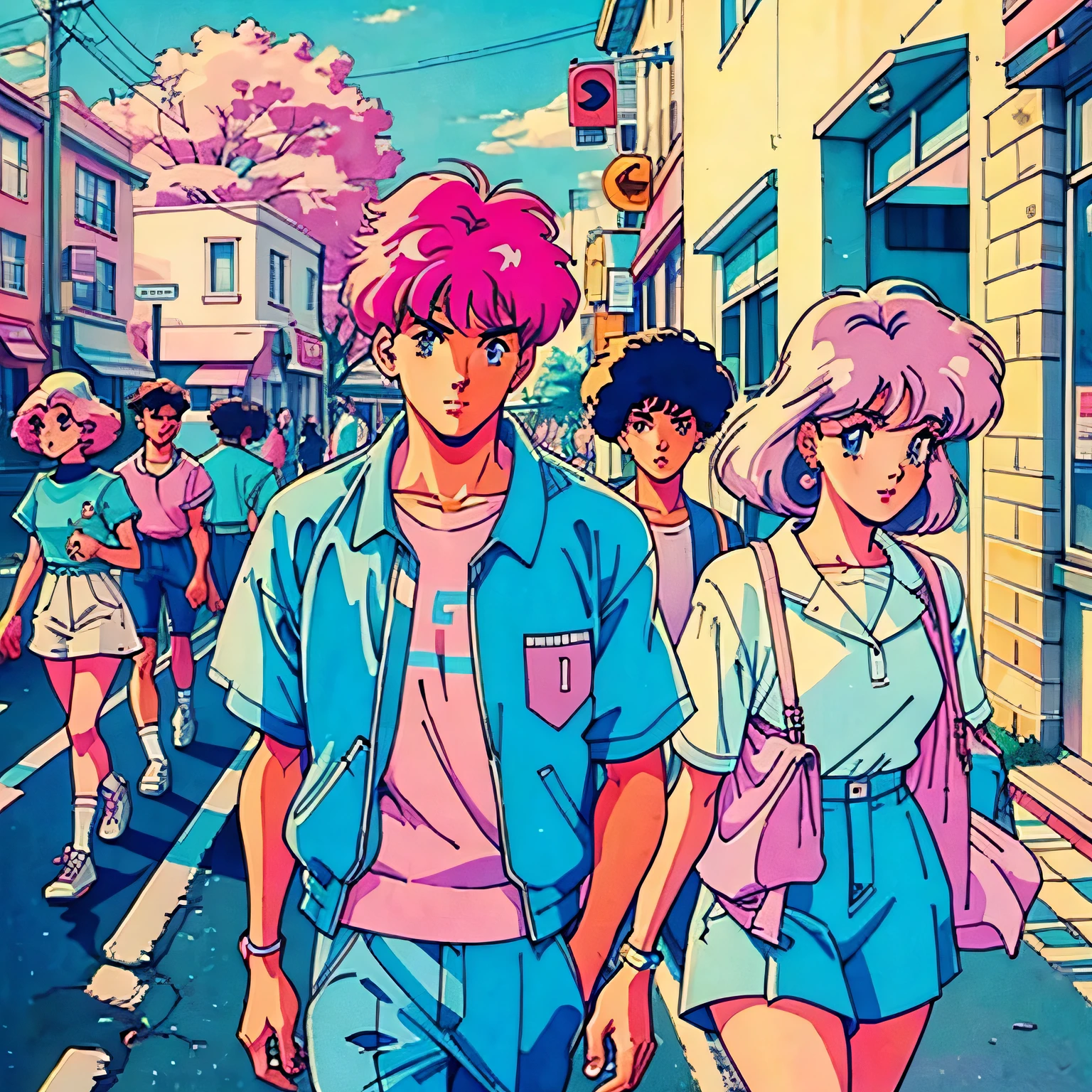 Mute pastel colors,Smooth photos,Retro soul, 1990s animation, 1980s animation, Retro soul,Retro anime style,Masterpiece, Best Quality, boys and girls walking with friends at the street
