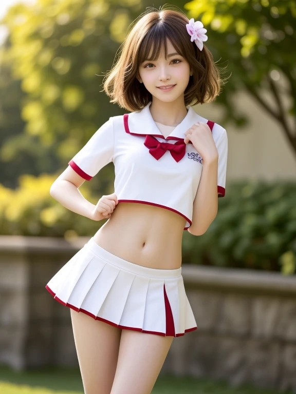 (whole body:1.3),masterpiece, highest quality, High resolution, wallpaper, Realistic, Bright lighting, Professional Lighting, Face Light, Smooth lighting, Japanese Girls, ((whole body:1.3)),running, ,cute, smile, beautiful girl, gravure, sexy, so beautiful, Beautiful Skin, Beautiful and detailed、Detailed face、slim、Moderate, short hair, Brunette colored hair, Brown eyes, View your viewers,Cheerleader uniforms,Belly button,flower,School,Small,Thighs、A dynamic pose