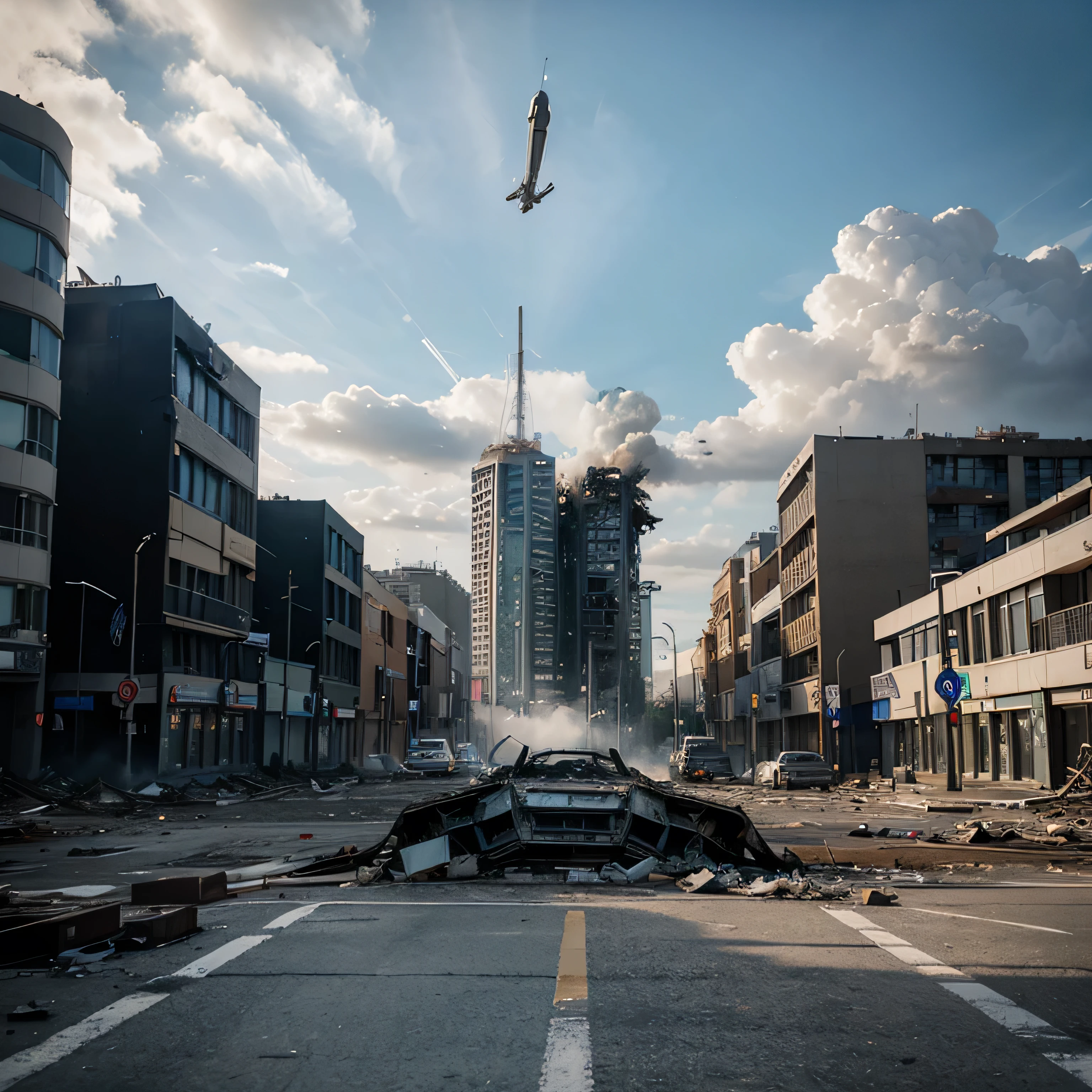 A future building was destroyed by alien plans, and it was cloudy day. Street was so destroyed it because alien's plan landing. The alien plans so big