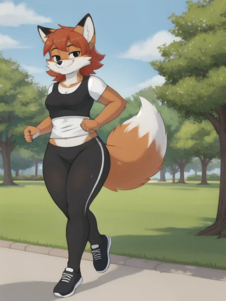 Furry, fox, smile, black leggings, white shirt, jogging, solo, park