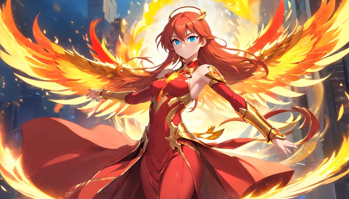 ((Beautiful warrior mage with the face of Asuka Langley. Voluptuous female body and feminine beauty. Light blue eyes, long red hair, crimson red hair, long red hair waving in the wind, body of a goddess, appearance of a goddess, medium well-marked breasts, well-rounded preches, young adult, well-proportioned female body, divine beauty, long legs, slender female body. She wears a long red imperial dress. She wears a long, fitted red dress. She wears a long skirt. She wears phoenix armor, she wears golden armor, she wears sensual plated armor, she wears feminine phoenix armor. Wing-shaped flames emerge from her back. She is full of determination and courage, she radiates an aura of unbreakable fighting that leaves everyone who looks at her captivated, she has a cold and proud look. She is levitating in the air, looking like a goddess, surrounded by flames, floating in the air with flames around her)), The character has fused with a phoenix and now has wings of fire, gold flames and armor with metal feathers, as well as a silhouette of the golden phoenix behind him, magical fusion of woman with phoenix, phoenix goddess, detailed features, great amount of detail, anatomically correct,