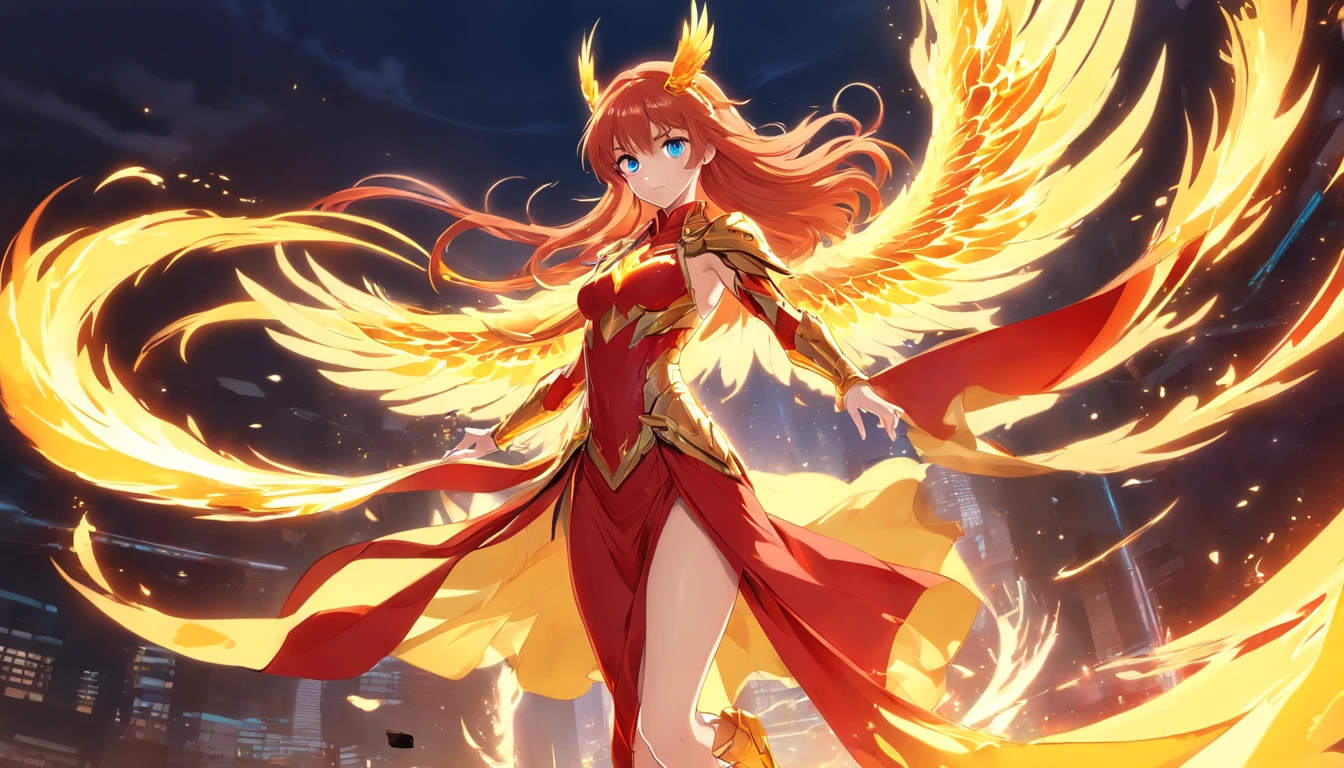 ((Beautiful warrior mage with the face of Asuka Langley. Voluptuous female body and feminine beauty. Light blue eyes, long red hair, crimson red hair, long red hair waving in the wind, body of a goddess, appearance of a goddess, medium well-marked breasts, well-rounded preches, young adult, well-proportioned female body, divine beauty, long legs, slender female body. She wears a long red imperial dress. She wears a long, fitted red dress. She wears a long skirt. She wears phoenix armor, she wears golden armor, she wears sensual plated armor, she wears feminine phoenix armor. Wing-shaped flames emerge from her back. She is full of determination and courage, she radiates an aura of unbreakable fighting that leaves everyone who looks at her captivated, she has a cold and proud look. She is levitating in the air, looking like a goddess, surrounded by flames, floating in the air with flames around her)), The character has fused with a phoenix and now has wings of fire, gold flames and armor with metal feathers, as well as a silhouette of the golden phoenix behind him, magical fusion of woman with phoenix, phoenix goddess, detailed features, great amount of detail, anatomically correct,