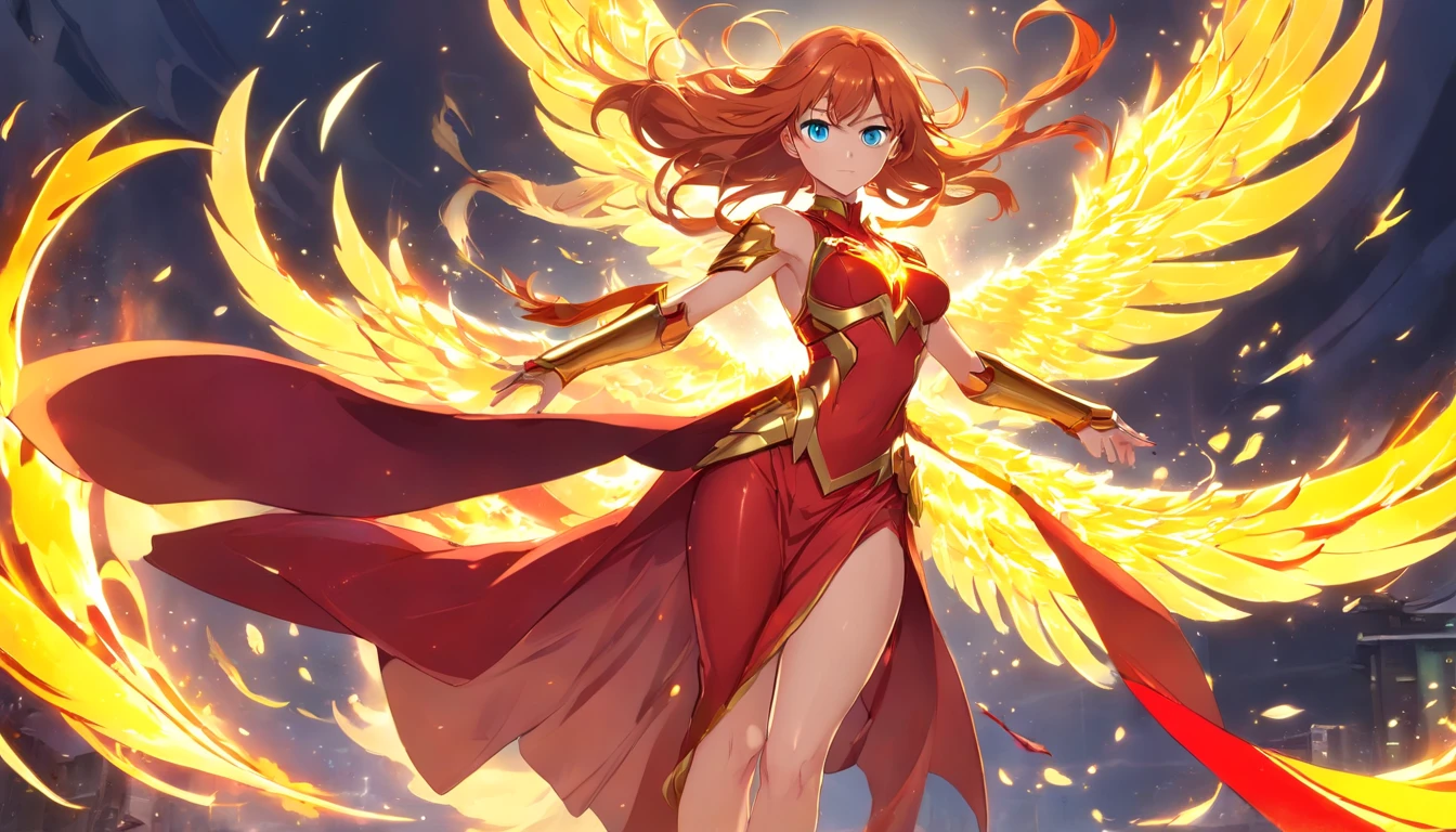 ((Beautiful warrior mage with the face of Asuka Langley. Voluptuous female body and feminine beauty. Light blue eyes, long red hair, crimson red hair, long red hair waving in the wind, body of a goddess, appearance of a goddess, medium well-marked breasts, well-rounded preches, young adult, well-proportioned female body, divine beauty, long legs, slender female body. She wears a long red imperial dress. She wears a long, fitted red dress. She wears a long skirt. She wears phoenix armor, she wears golden armor, she wears sensual plated armor, she wears feminine phoenix armor. Wing-shaped flames emerge from her back. She is full of determination and courage, she radiates an aura of unbreakable fighting that leaves everyone who looks at her captivated, she has a cold and proud look. She is levitating in the air, looking like a goddess, surrounded by flames, floating in the air with flames around her)), The character has fused with a phoenix and now has wings of fire, gold flames and armor with metal feathers, as well as a silhouette of the golden phoenix behind him, magical fusion of woman with phoenix, phoenix goddess, detailed features, great amount of detail, anatomically correct,