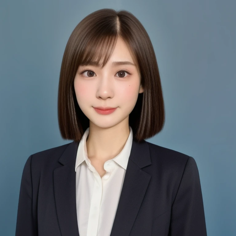 (kawaii 24 year-old Japanese girl, Nogizaka idol, Korean idol), glossy brown hair, very short hair, (forehead), beautiful black eyes, rounded face, narrow shoulders, single eyelid, no makeup, no expression, (suit jacket, collared shirt, necktie), extra small breasts, BREAK, (simple blue background), (view from forward, bust shot, upper body shot, id photo), BREAK, (masterpiece, best quality, photo realistic, official art:1.4), (UHD, 8K quality wallpaper, high resolution, raw photo, golden ratio:1.3), (shiny skin), professional lighting, physically based rendering, award winning, (highly detailed skin, extremely detailed face and eyes), Carl Zeiss 85 mm F/1.4, depth of field, (1girl, solo),