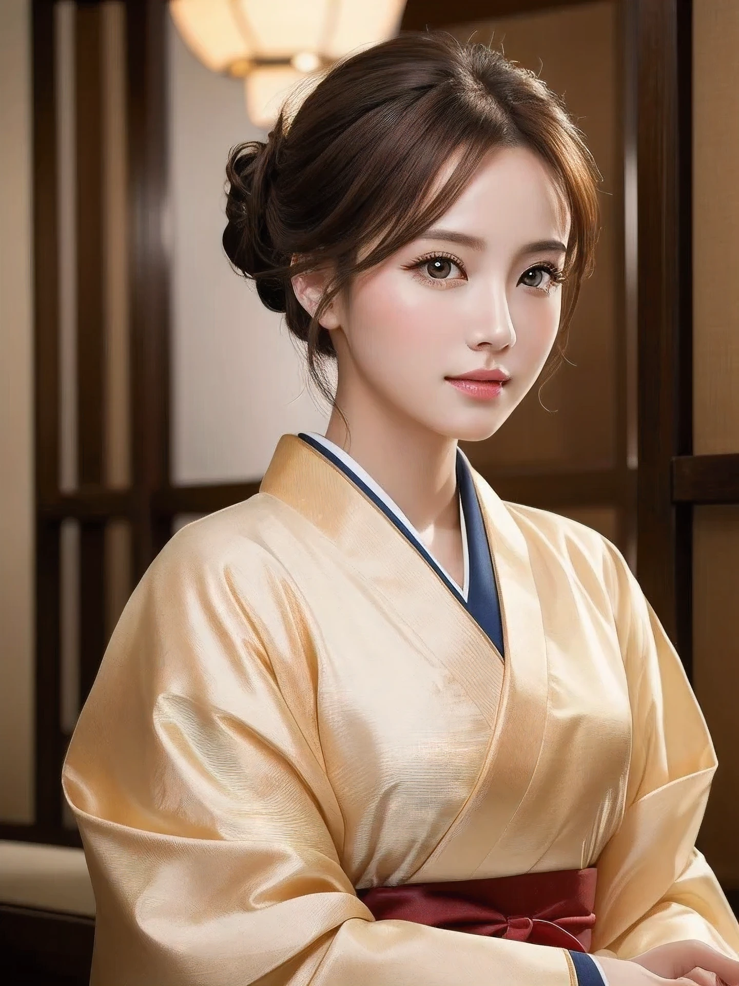 masterpiece, highest quality, High resolution, wallpaper, realistic, (bright lighting:1.4), professional lighting, face light, smooth lighting, (shoot from front:1.8), 1 girl, full body,（in beautiful calm color kimono:1.5),  Tea ceremony, Tea ceremony room, cute, sleepy, open mouth to say something, shy, Beautiful girl, sexy, super beautiful, beautiful skin, beautiful and detailed eyes、detailed face、slim、moderately, half updo, brunette colored hair, brown eyes, Professional Photography, Portrait, 