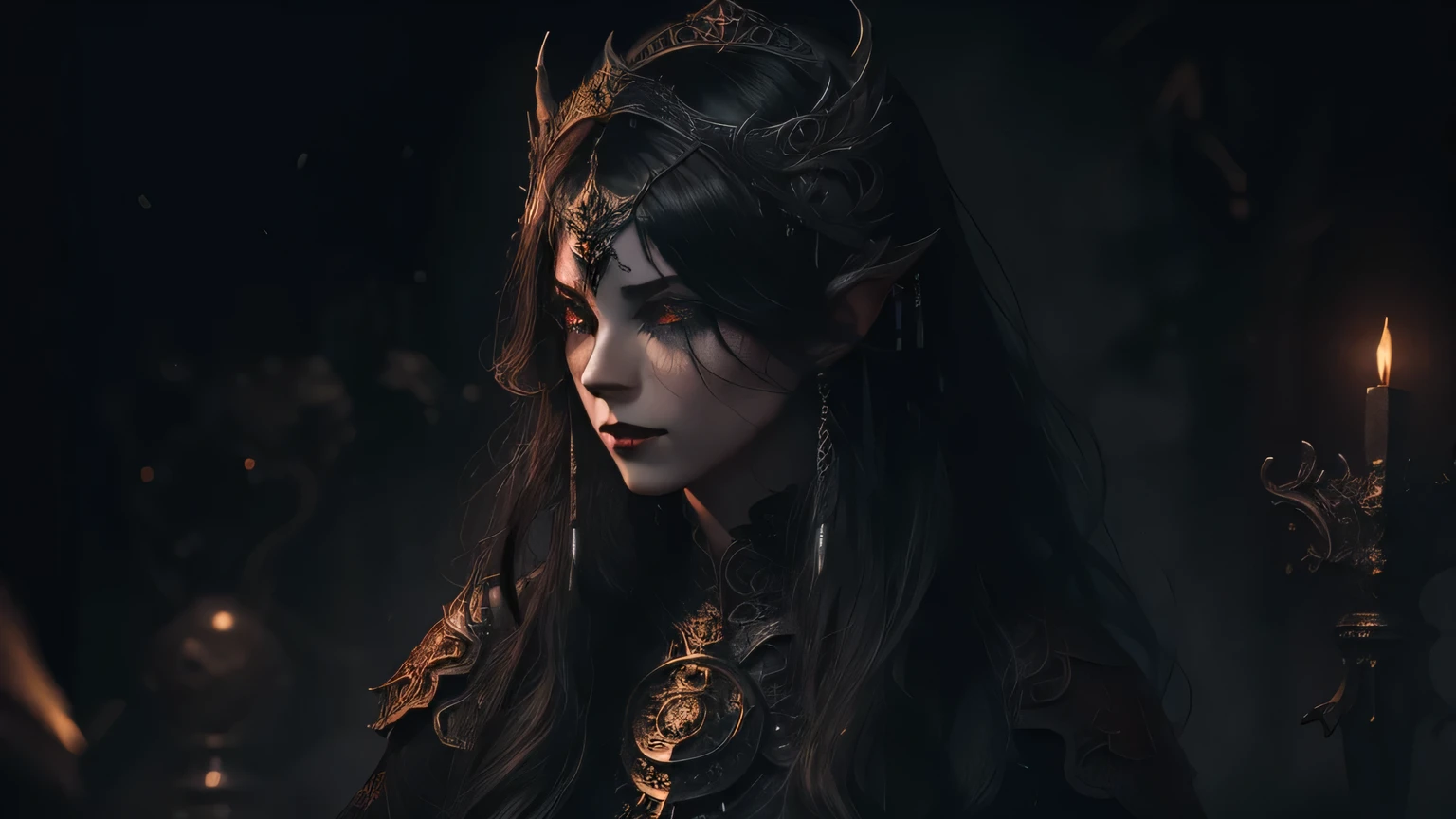 ((masterpiece, ultra detailed)), concept art, illustration, digital art, 1girl, solo, pale young woman surrounded by black smoke with ash ((angry face)) hidden in gothic cathedral, ( (very long hair, black hair)),((red iris and pupil)), knight, silver black knight armor, ((incredibly beautiful)), beautiful eyes, dynamic pose, battle posture ready, elegant pose, red ash, black volumetric smoke dense dark theme, black smoke with ash, dark theme, hdr, bloom, bright, dimming lighting, backlight, cinematic lighting, soft lighting, natural lighting, dramatic lighting, dark lighting, (ornate), intricate, highly detailed, hyper-realistic, trend in artstation, award-winning, fascinating, elegant, RAW photo, absurd, highres, 4k, studio quality, octane, 8k uhd, League of Legends close-up, splash art, ha, Ionia, Noxian armor, different lighting