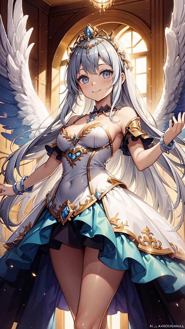 dramatic composition，Vestido de corte，real，una hermosa，Capas de volantes，la mejor princesa，volantes，Nudo de lazo，candelabros de cristal，Gorra，maximalismo，fondo palaciego，Cabello y ojos cuidadosamente representados.，vestido de princesa，Gorgeous dress，smile，Ojos estrellados，cinematic light，detalle extremadamente alto，Alta nitidez，chica feliz，Cabello muy largo，diamante，perlas，diamantes rotos，Fragmento de cristal，light particles