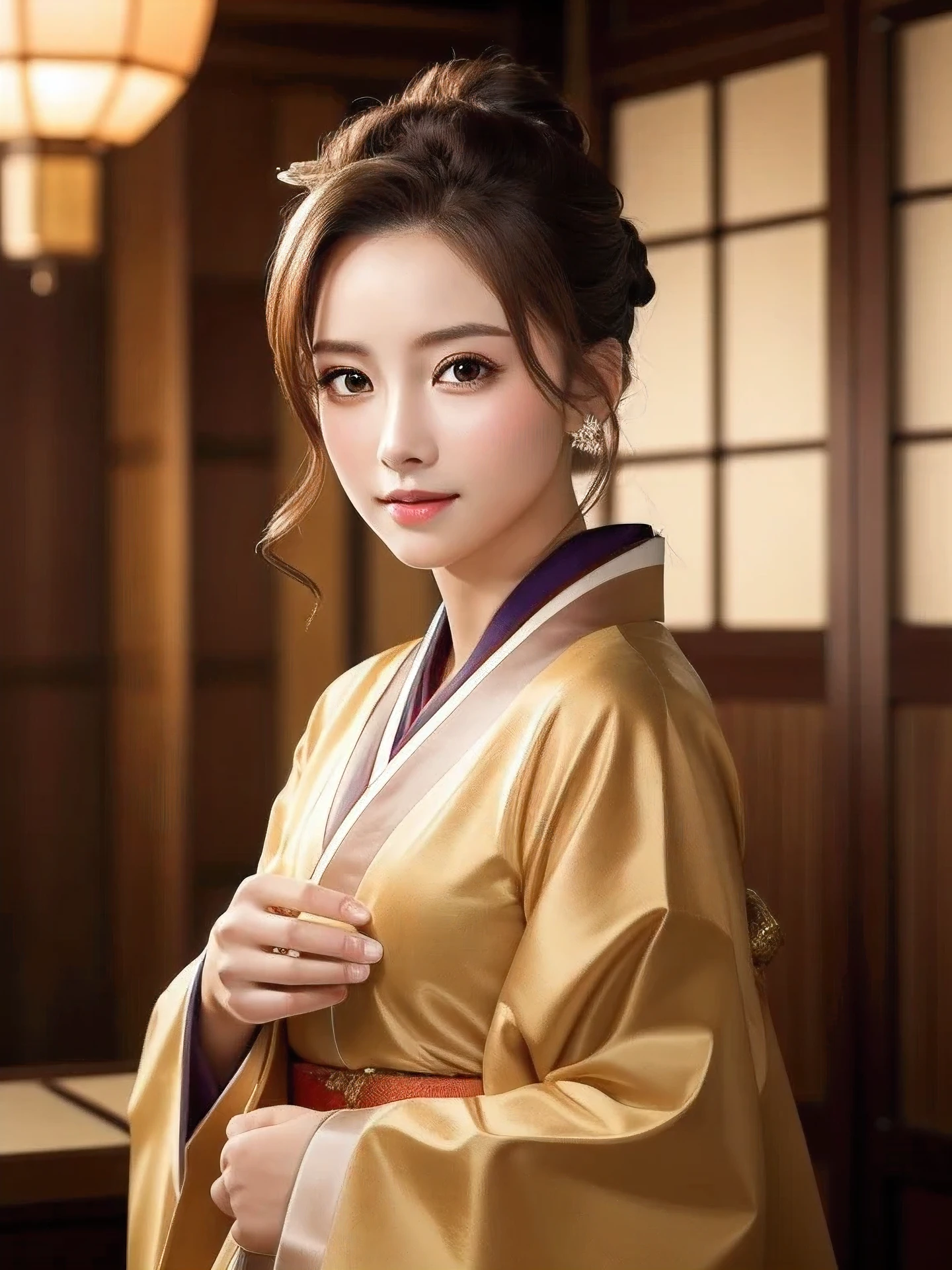 masterpiece, highest quality, High resolution, wallpaper, realistic, (bright lighting:1.4), professional lighting, face light, smooth lighting, (shoot from front:1.8), 1 girl, full body,（in beautiful calm color kimono:1.5),  Tea ceremony, Tea ceremony room, cute, sleepy, open mouth to say something, shy, Beautiful girl, sexy, super beautiful, beautiful skin, beautiful and detailed eyes、detailed face、slim、moderately, half updo, brunette colored hair, brown eyes, Professional Photography, Portrait, 