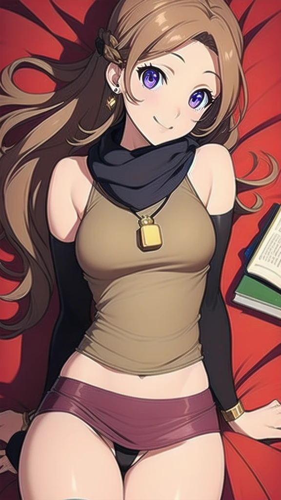 masterpiece, best quality, 1 solo girl, light brown hair, purple eyes, long hair, medium breasts, sexy body and face, wavy hair, smile, sleeveless shirt, scarf, black thigh-high, mini skirt, pendant, bracelet, jewelry, earrings, feather hair ornament, book, lying at the bed, night, sexy pose, cowboy shots, detailed body, face, and eyes, sharp focus, vibrant, creative, dynamic, high definition, high resolution, 8k, (Upscale: R-ESRGAN 4x+ Anime6mage enchance:4x), voluptuous body, cinema lightning, dakimakura style, looking at the viewer,