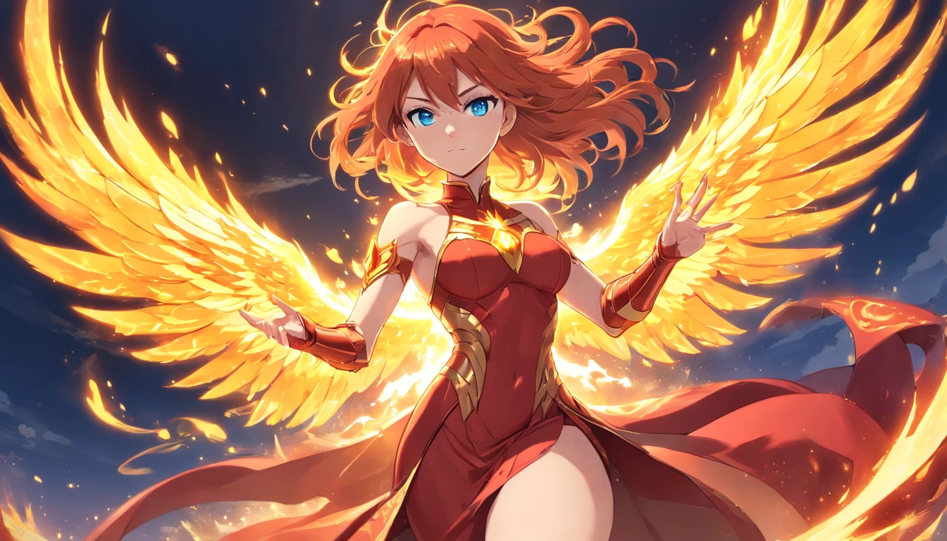 ((Beautiful warrior mage with the face of Asuka Langley. Voluptuous female body and feminine beauty. Light blue eyes, long red hair, crimson red hair, long red hair waving in the wind, body of a goddess, appearance of a goddess, medium well-marked breasts, well-rounded preches, young adult, well-proportioned female body, divine beauty, long legs, slender female body. She wears a long red imperial dress. She wears a long, fitted red dress. She wears a long skirt. She wears phoenix armor, she wears golden armor, she wears sensual plated armor, she wears feminine phoenix armor. Wing-shaped flames emerge from her back. She is full of determination and courage, she radiates an aura of unbreakable fighting that leaves everyone who looks at her captivated, she has a cold and proud look. She is levitating in the air, looking like a goddess, surrounded by flames, floating in the air with flames around her)), The character has fused with a phoenix and now has wings of fire, gold flames and armor with metal feathers, as well as a silhouette of the golden phoenix behind him, magical fusion of woman with phoenix, phoenix goddess, detailed features, great amount of details, anatomically correct, perfect facial features,