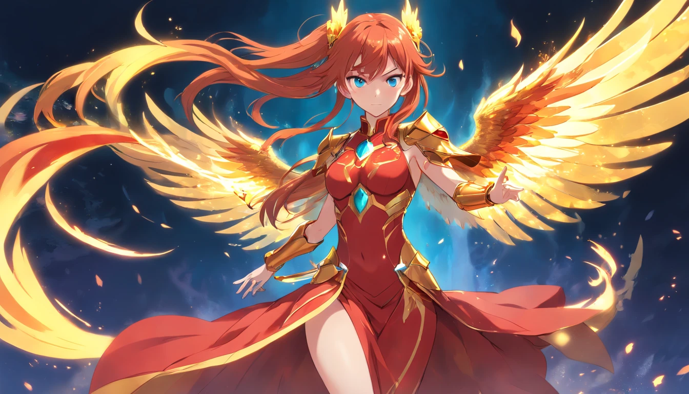 ((Beautiful warrior mage with the face of Asuka Langley. Voluptuous female body and feminine beauty. Light blue eyes, long red hair, crimson red hair, long red hair waving in the wind, body of a goddess, appearance of a goddess, medium well-marked breasts, well-rounded preches, young adult, well-proportioned female body, divine beauty, long legs, slender female body. She wears a long red imperial dress. She wears a long, fitted red dress. She wears a long skirt. She wears phoenix armor, she wears golden armor, she wears sensual plated armor, she wears feminine phoenix armor. Wing-shaped flames emerge from her back. She is full of determination and courage, she radiates an aura of unbreakable fighting that leaves everyone who looks at her captivated, she has a cold and proud look. She is levitating in the air, looking like a goddess, surrounded by flames, floating in the air with flames around her)), The character has fused with a phoenix and now has wings of fire, gold flames and armor with metal feathers, as well as a silhouette of the golden phoenix behind him, magical fusion of woman with phoenix, phoenix goddess, detailed features, great amount of details, anatomically correct, perfect facial features,