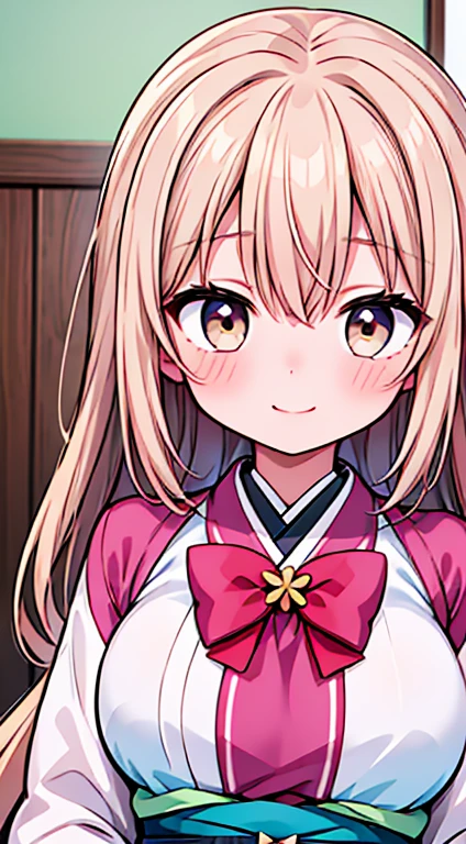 Close up of upper body,One woman,24-years-old,((highest quality)), masterpiece, Ultra-high resolution, 8k,Show anime style , One, Soft Line Art, Digital Enhancement, shojo anime touch, shojo manga core, Flowing fabric, close, Soft Drawing, (Ultra-Definition Digital Anime Art), Clear facial depiction, ((Super detailed girl cartoon character art)), (Ultra-detailed manga style), highest qualityの色, ((Short brown hair)), Beautiful brown hair, (Clear brown eyes), Slightly chubby,Small breasts,Beautiful woman,Escape,,Sakura kimono,,blush,smile,Soji Okita(destiny)Japanese-style room