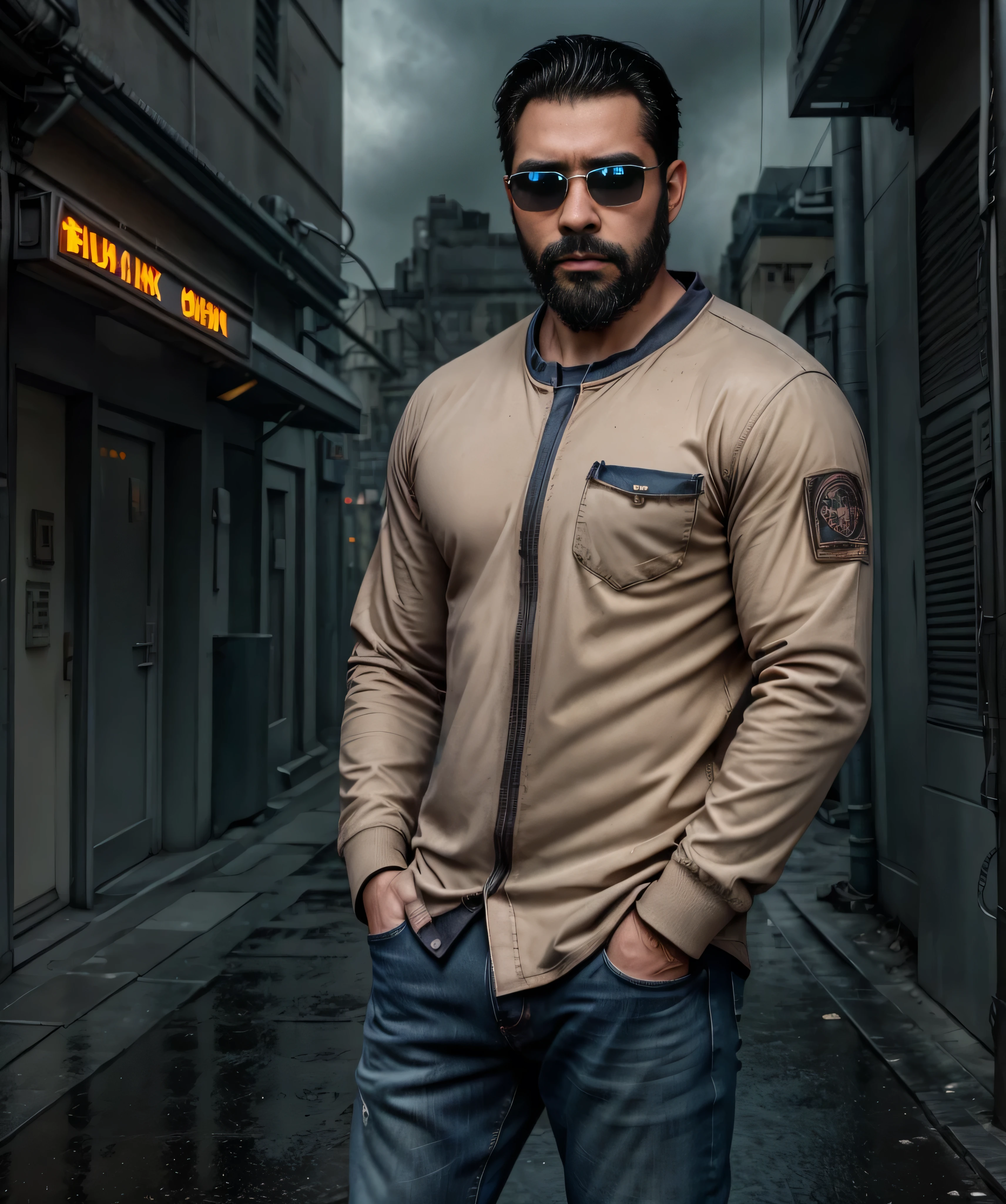 a well-built man with dark beard,sunglasses,beige long sleeve shirt,worn jeans,standing in dark rainy alley,tall buildings,neon lights,cloudy dramatic sky,serious confident expression,hands in pockets,action thriller film