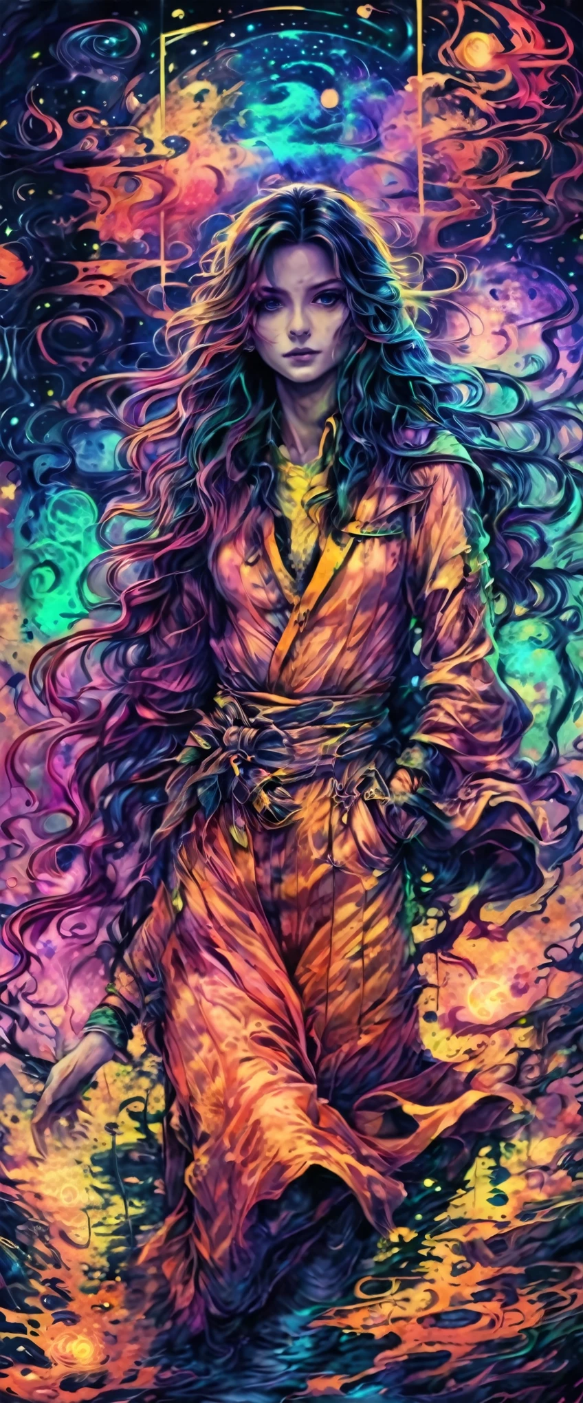 Time Traveler,Existence beyond time and space、 hiar, and future.、Fine Art、Spooky、Beautiful face、Beautiful posture、beautiful colored long hair、Depth of subject、detail portrayal、masutepiece、(flat-colors:1.3)、(colourfull:1.8)、