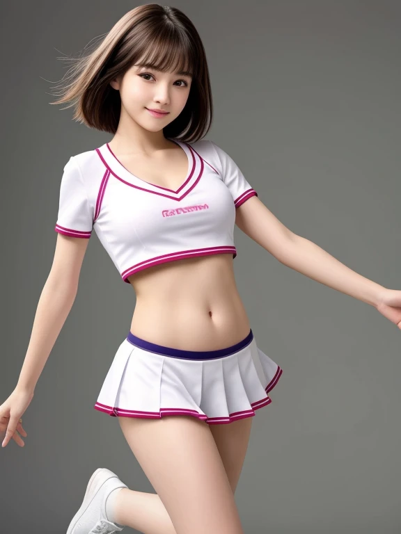 (whole body:1.3),masterpiece, highest quality, High resolution, wallpaper, Realistic, Bright lighting, Professional Lighting, Face Light, Smooth lighting, Japanese Girls, ((whole body:1.3)),running, 12 years old,cute, smile, beautiful girl, gravure, sexy, so beautiful, Beautiful Skin, Beautiful and detailed、Detailed face、slim、Moderate, short hair, Brunette colored hair, Brown eyes, View your viewers,Cheerleader uniforms,Belly button,flower,School,Small,Thighs、A dynamic pose