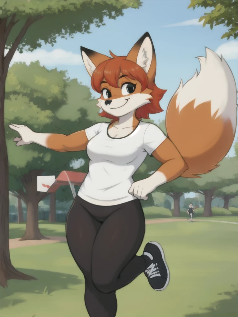 Furry, fox, smile, black leggings, white shirt, jogging, solo, park