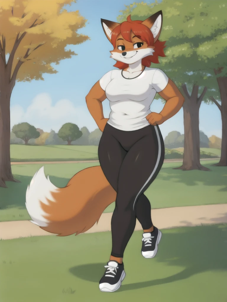 Furry, fox, smile, black leggings, white shirt, jogging, solo, park