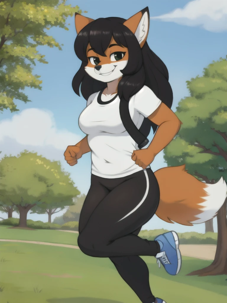 Furry, fox, smile, black leggings, white shirt, jogging, solo, park