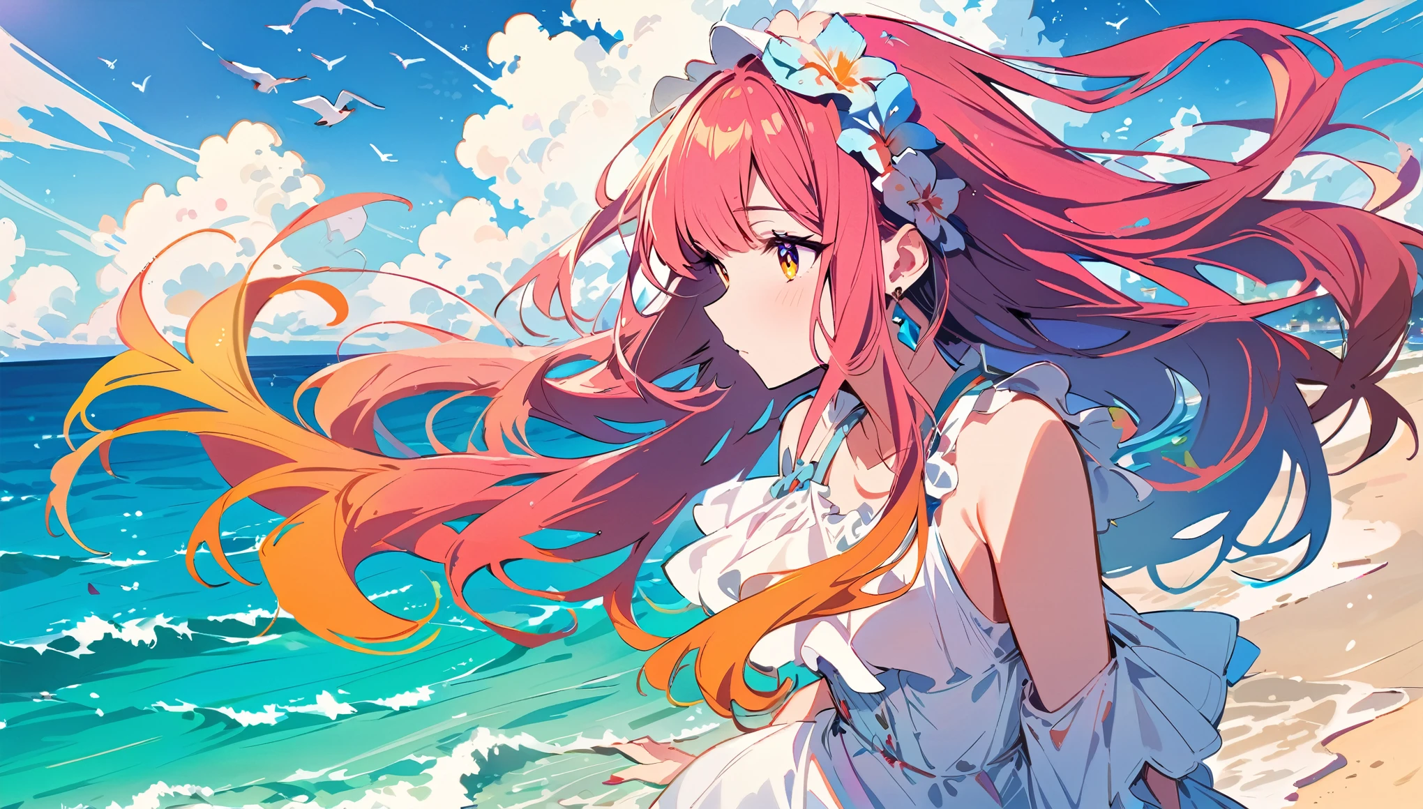 masterpiece,girl, dress,Long Hair,Gazing at the Sea,beach, Birds flying over the sea,Bright colors,Warm, vibrant colors