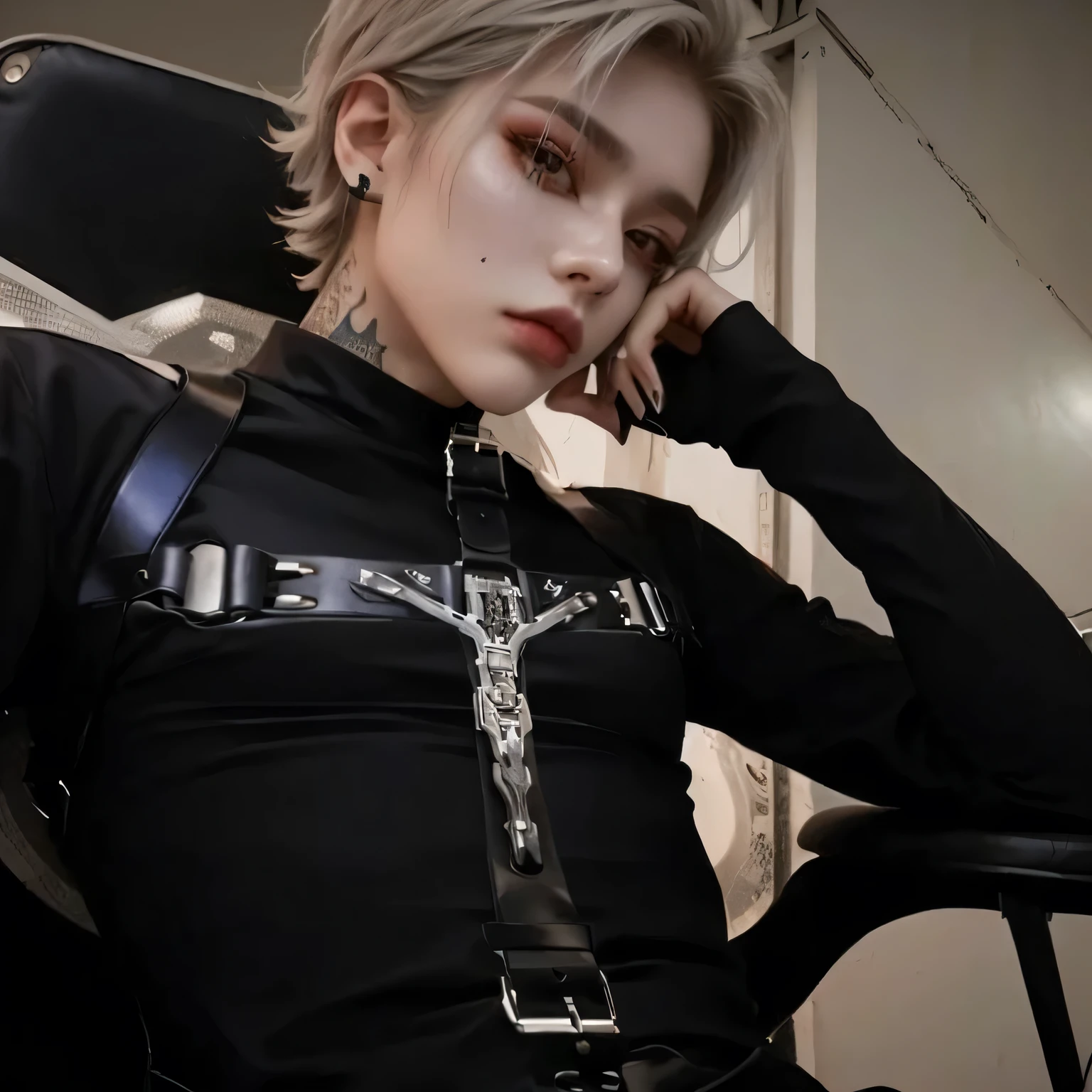 um close de uma pessoa sentada em uma cadeira com uma cruz, Cai Xukun, androgynous, attractive androgynous humanoid, delicate androgynous prince, black harness, wearing moda urbana ciberpunk, beautiful androgynous prince, androgynous person, androginia, androgynous male, moda urbana ciberpunk, androgynous vampire