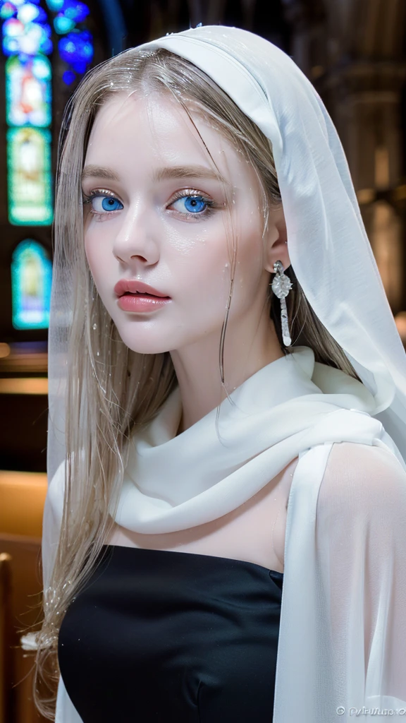 1 beautiful beautiful woman - Scandinavian European appearance (looks like the most beautiful Swedish girl), ((top quality, 8K, Masterpiece:1.retty woman, 1 woman, average breasts:1.3, a slim body:1.1, lush WHITE NIVEOUS long hair, (shower, wet body, wet clothes:1.1), very detailed face, detailed lips, detailed eyes, double eyelids, Detailed blue eyes, Detailed Outstanding Blue Eyes, WHITE NIVEOUS HAIR, in a church , inside the church , she's wearing black hijab, black dress, huge beautiful earrings, full body picture