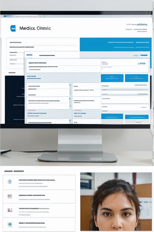 Design a mockup of a main dashboard for medical clinic software, with a sidebar menu, summary panels for scheduled appointments, new patients, and pending tasks, and a central panel with charts and statistics