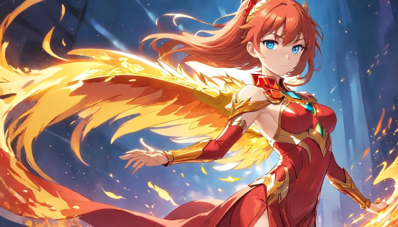 ((Beautiful warrior mage with the face of Asuka Langley. Voluptuous female body and feminine beauty. Light blue eyes, long red hair, crimson red hair, long red hair waving in the wind, body of a goddess, appearance of a goddess, medium well-marked breasts, well-rounded preches, young adult, well-proportioned female body, divine beauty, long legs, slender female body. She wears a long red imperial dress. She wears a long, fitted red dress. She wears a long skirt. She wears phoenix armor, she wears golden armor, she wears sensual plated armor, she wears feminine phoenix armor. Wing-shaped flames emerge from her back. She is full of determination and courage, she radiates an aura of unbreakable fighting that leaves everyone who looks at her captivated, she has a cold and proud look. She is levitating in the air, looking like a goddess, surrounded by flames, floating in the air with flames around her)), The character has fused with a phoenix and now has wings of fire, gold flames and armor with metal feathers, as well as a silhouette of the golden phoenix behind him, magical fusion of woman with phoenix, phoenix goddess, detailed features, large amount of details, anatomically correct, perfect facial features, extended palms, extended fingers, feminine hand, graceful hands,