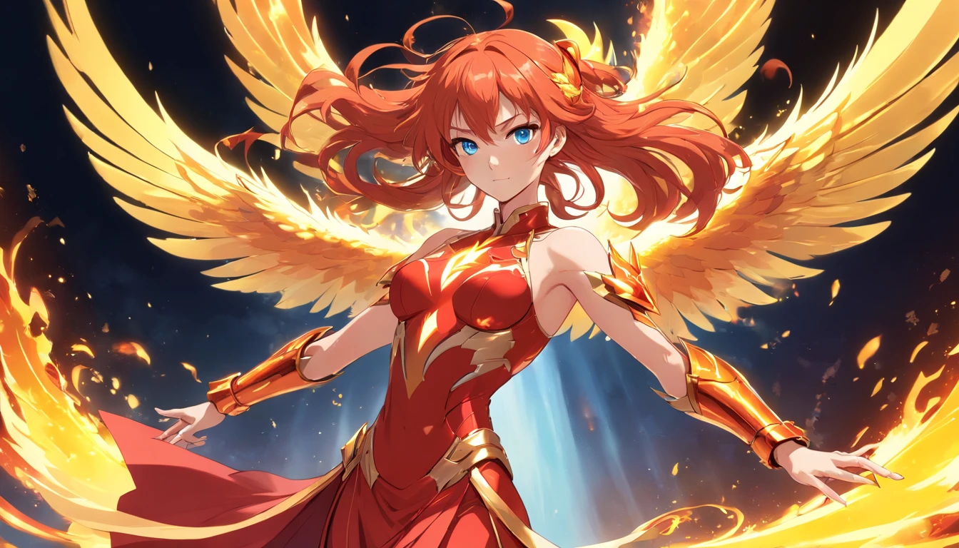 ((Beautiful warrior mage with the face of Asuka Langley. Voluptuous female body and feminine beauty. Light blue eyes, long red hair, crimson red hair, long red hair waving in the wind, body of a goddess, appearance of a goddess, medium well-marked breasts, well-rounded preches, young adult, well-proportioned female body, divine beauty, long legs, slender female body. She wears a long red imperial dress. She wears a long, fitted red dress. She wears a long skirt. She wears phoenix armor, she wears golden armor, she wears sensual plated armor, she wears feminine phoenix armor. Wing-shaped flames emerge from her back. She is full of determination and courage, she radiates an aura of unbreakable fighting that leaves everyone who looks at her captivated, she has a cold and proud look. She is levitating in the air, looking like a goddess, surrounded by flames, floating in the air with flames around her)), The character has fused with a phoenix and now has wings of fire, gold flames and armor with metal feathers, as well as a silhouette of the golden phoenix behind him, magical fusion of woman with phoenix, phoenix goddess, detailed features, large amount of details, anatomically correct, perfect facial features, extended palms, extended fingers, feminine hand, graceful hands,