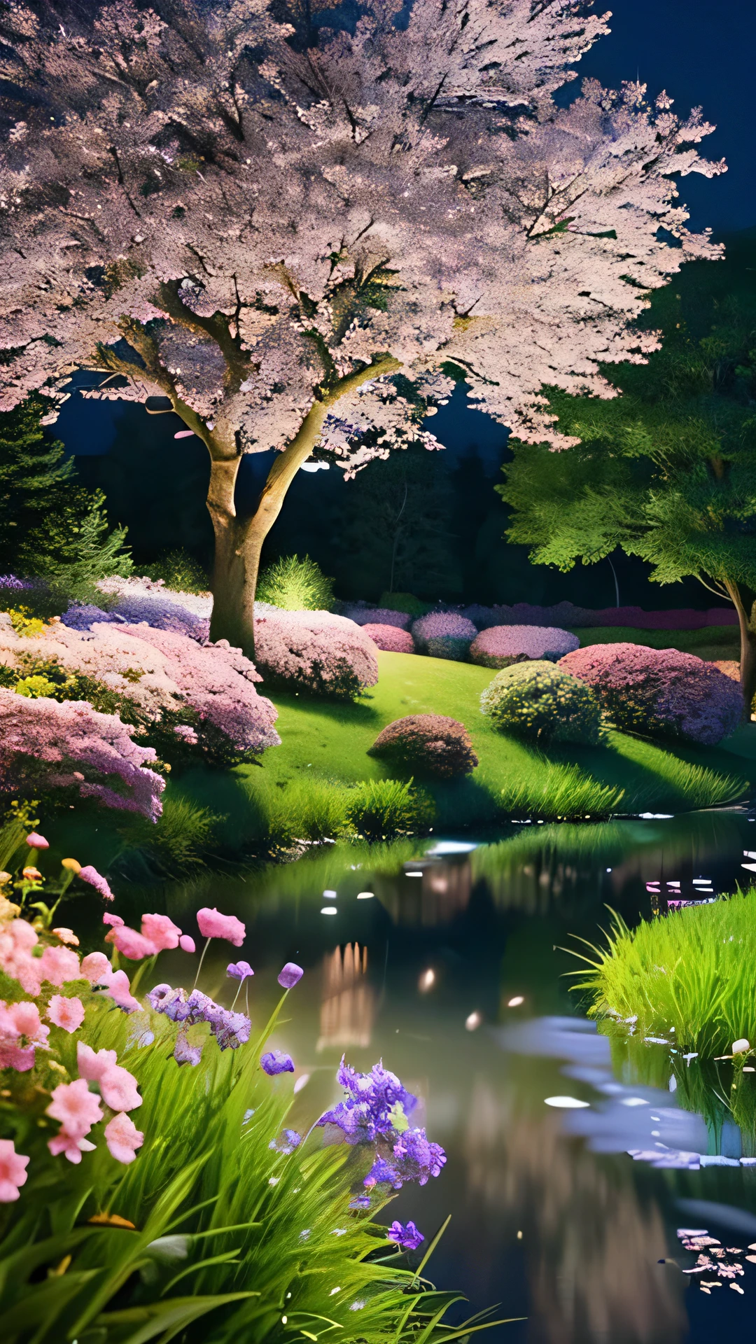 Masterpiece, ultra-realistic, night, nature, small hill, large cherry tree in full bloom waving in the wind, spreading flower field, clear stream, full moon, fantastic,