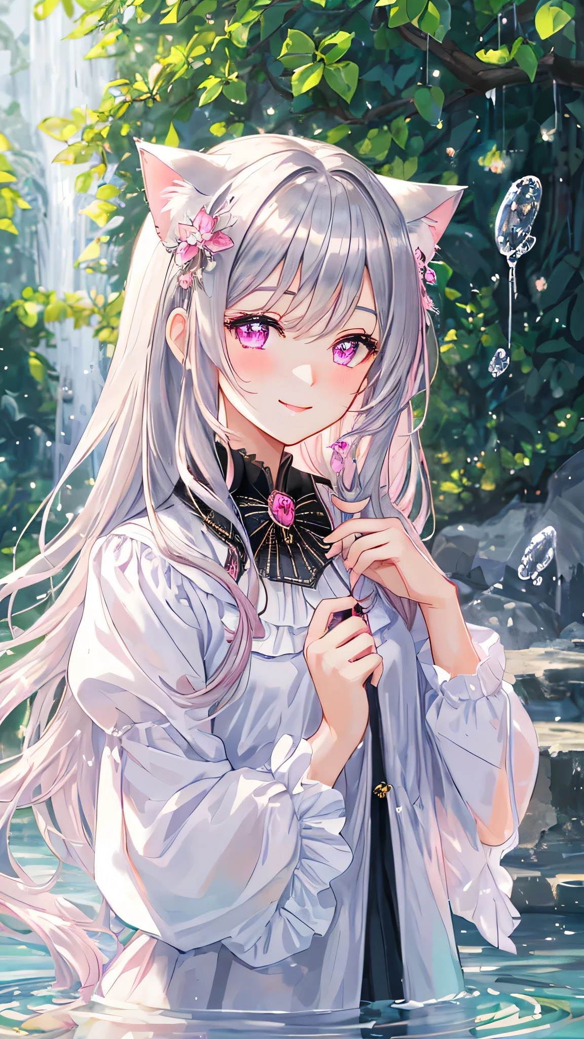 masterpiece,highest quality,Highly detailed face, water effects、Light effects、Feather Effect,Sparkling eyes,Highlighted eyes, Medium chest,pretty girl,smile,Embarrassed,Cat ear,Beautiful silver hair,Pink inside,Beautiful pink eyes,Cherries